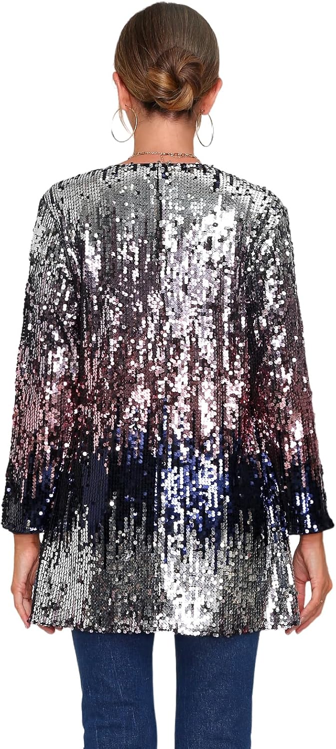 Women's Sequin Jacket Long Sleeve Open Front Blazer Glitter Sparkly Coat Party Casual Cardigan - Image 5