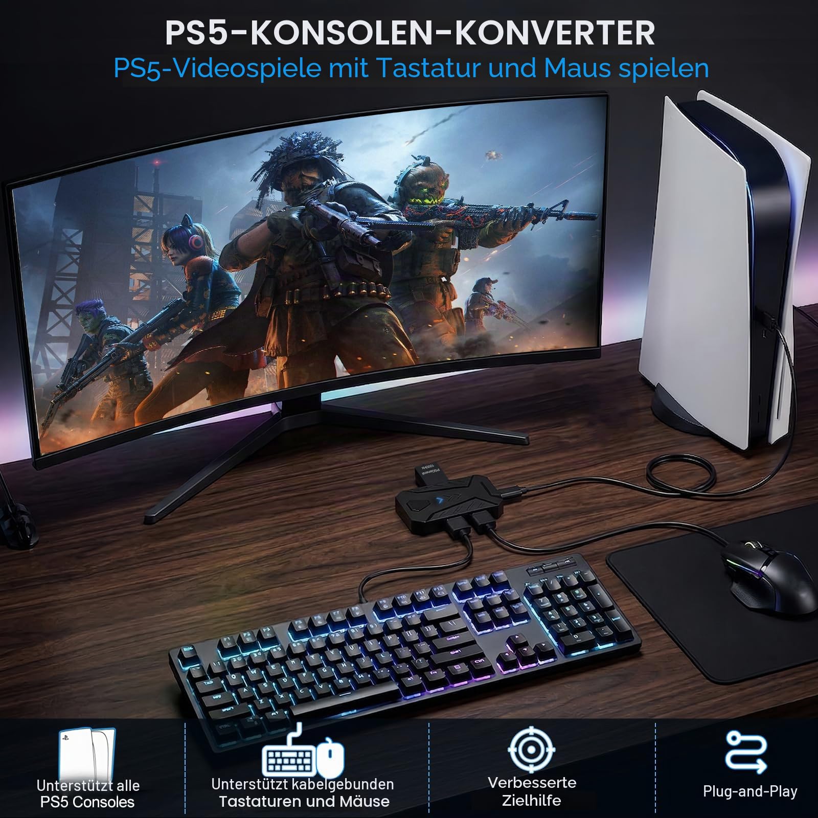 Tastatur und Maus Adapter für PS5/PS5 Slim/PS5 Pro mit P5 General Adapter, 1000Hz Ultra-Low Lag Console Converter für PlayStation 5, Plug-and-Play, Support Custom Mapping, Mouse Sensitivity Adjustment
