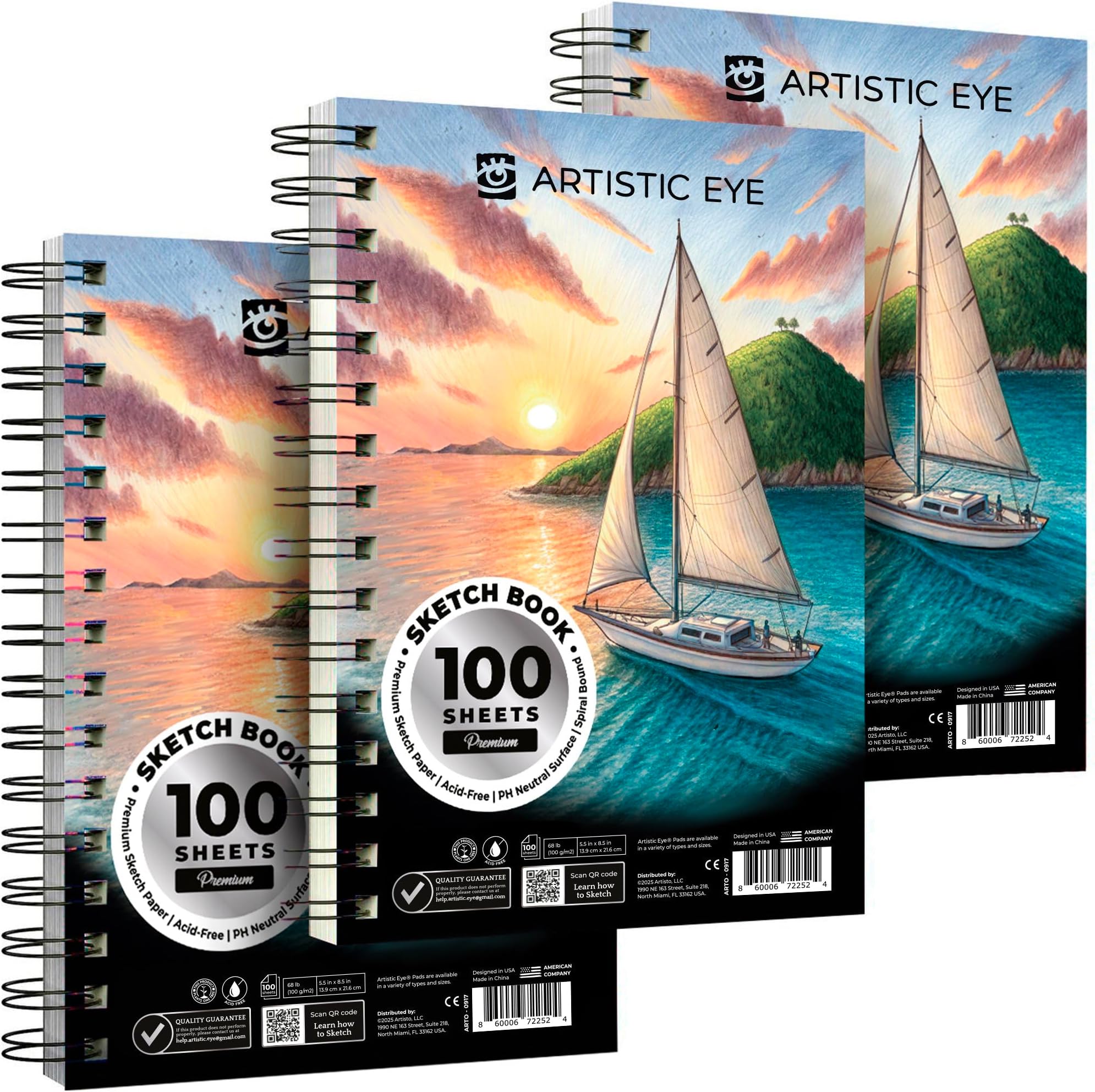 - ARTISTIC EYE 5.5X8.5” Premium Sketch Book Set, Pack of 3 (300 Sheets), 68lb (100gsm), Spiral Bound, Acid-Free Drawing Paper, Perfect for Most Dry Media, Ideal for Beginners & Professionals (Set of 3)