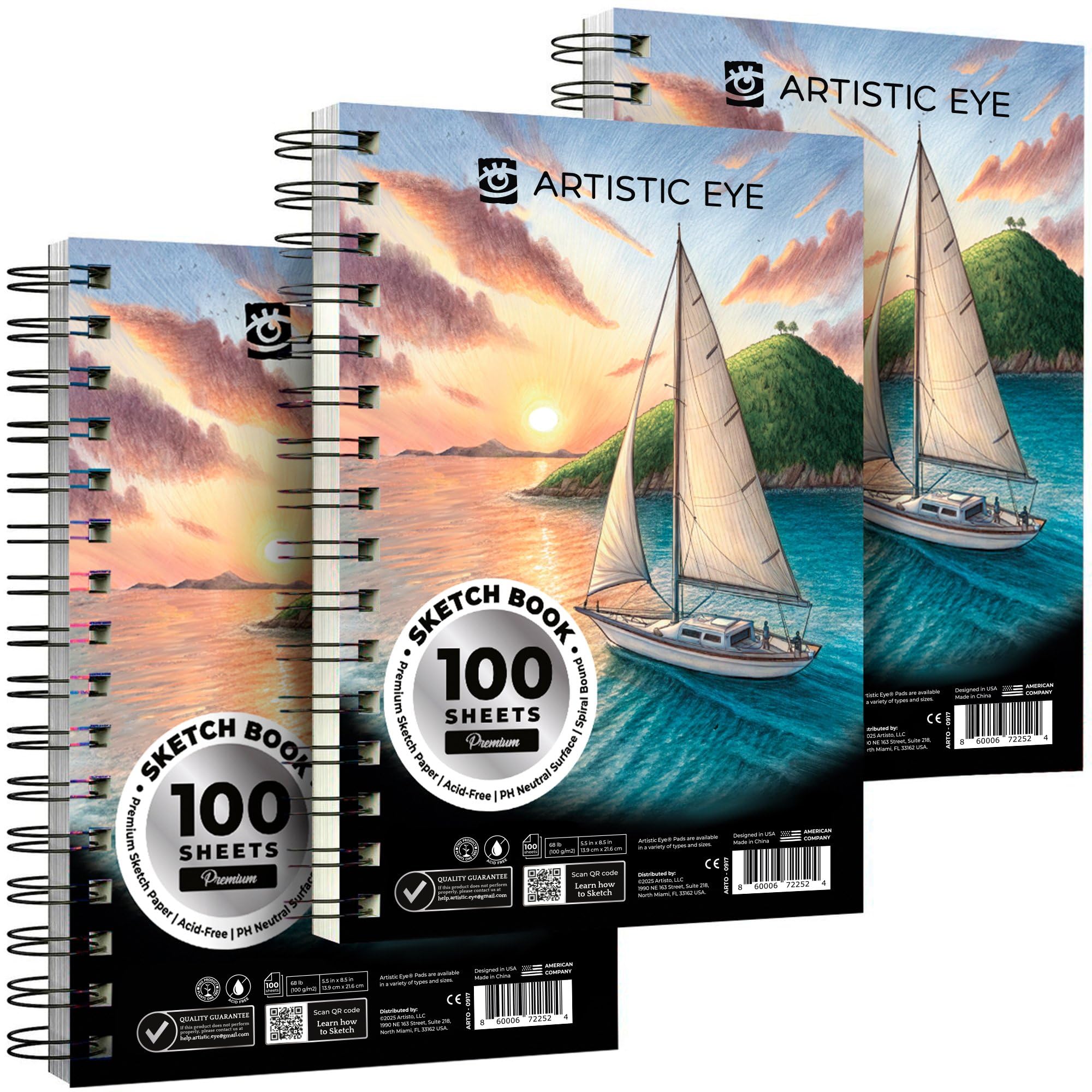 ARTISTIC EYE 5.5X8.5” Premium Sketch Book Set, Pack of 3 (300 Sheets), 68lb (100gsm), Spiral Bound, Acid-Free Drawing Paper, Perfect for Most Dry Media, Ideal for Beginners & Professionals (Set of 3)