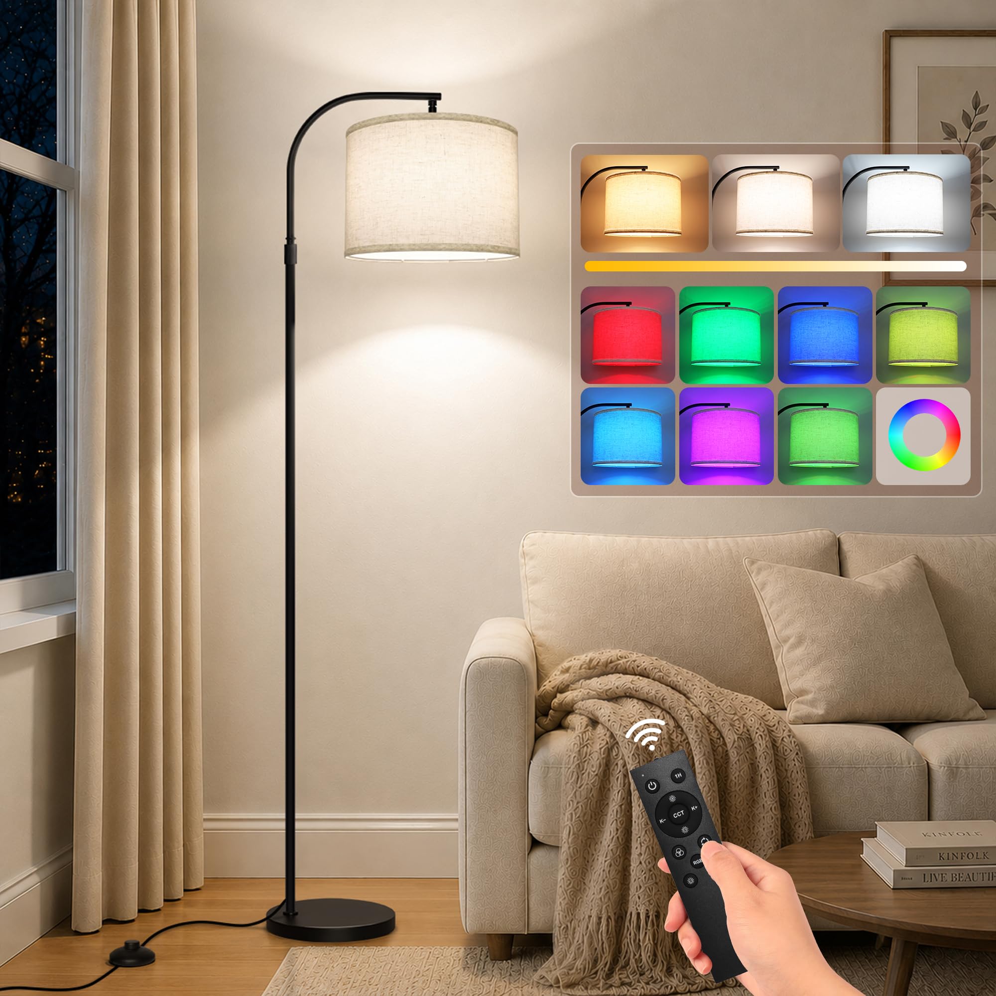 Photo 1 of Ascher 18W LED Floor Lamp, 2000LM, 3000K-6000K & RGB, 71" Height, Black/Beige
