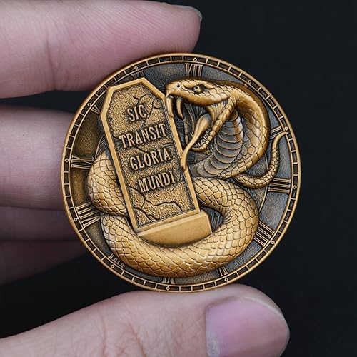Miniatura 4 de Moneda Memento Mori - Diseño de la parca y serpiente, diseño de reloj de arena y lápida, vitrina incluida, ideal para entusiastas y regalos (moneda