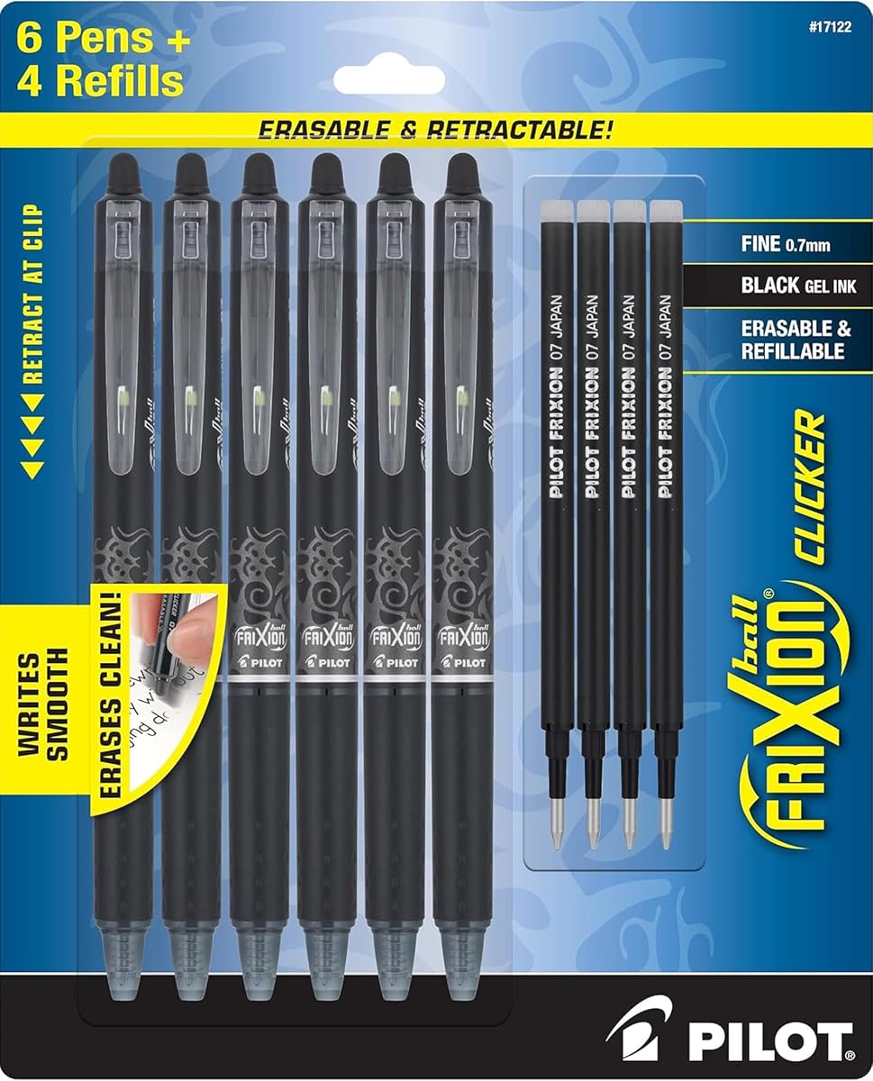 Bolígrafos borrables FriXion Clicker, punta fina de 0,7 mm, tinta negra | Bolígrafos de tinta de gel recargables y retráctiles, ideales para la escuela, el diario y la oficina, paquete de 6 bolígrafos de tinta negra con 4 recambios