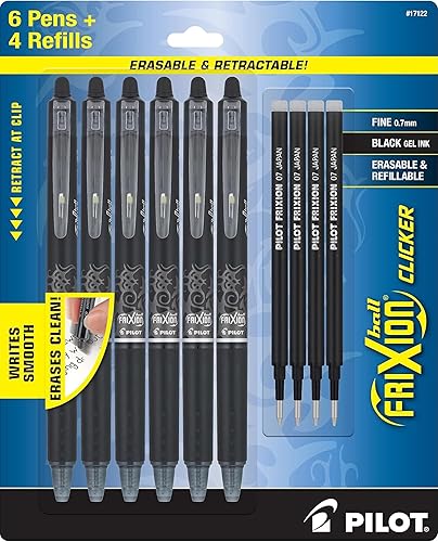 PILOT Frixion - Bolígrafos borrables, punta fina de 0.028 in, paquete de 6 bolígrafos de tinta retráctil negra + 4 recambios adicionales
