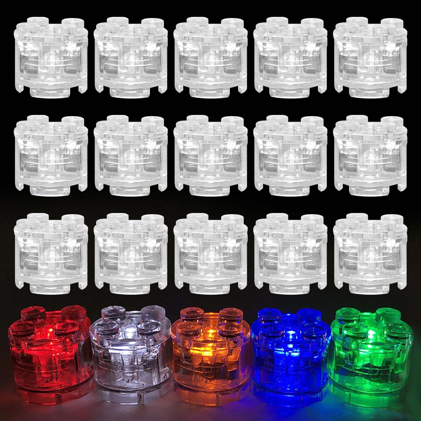 Joycabin 15 Pcs Luminous Building Blocks, 2x2 LED Light Up Brick, Transparent Round Building Blocks Lamp