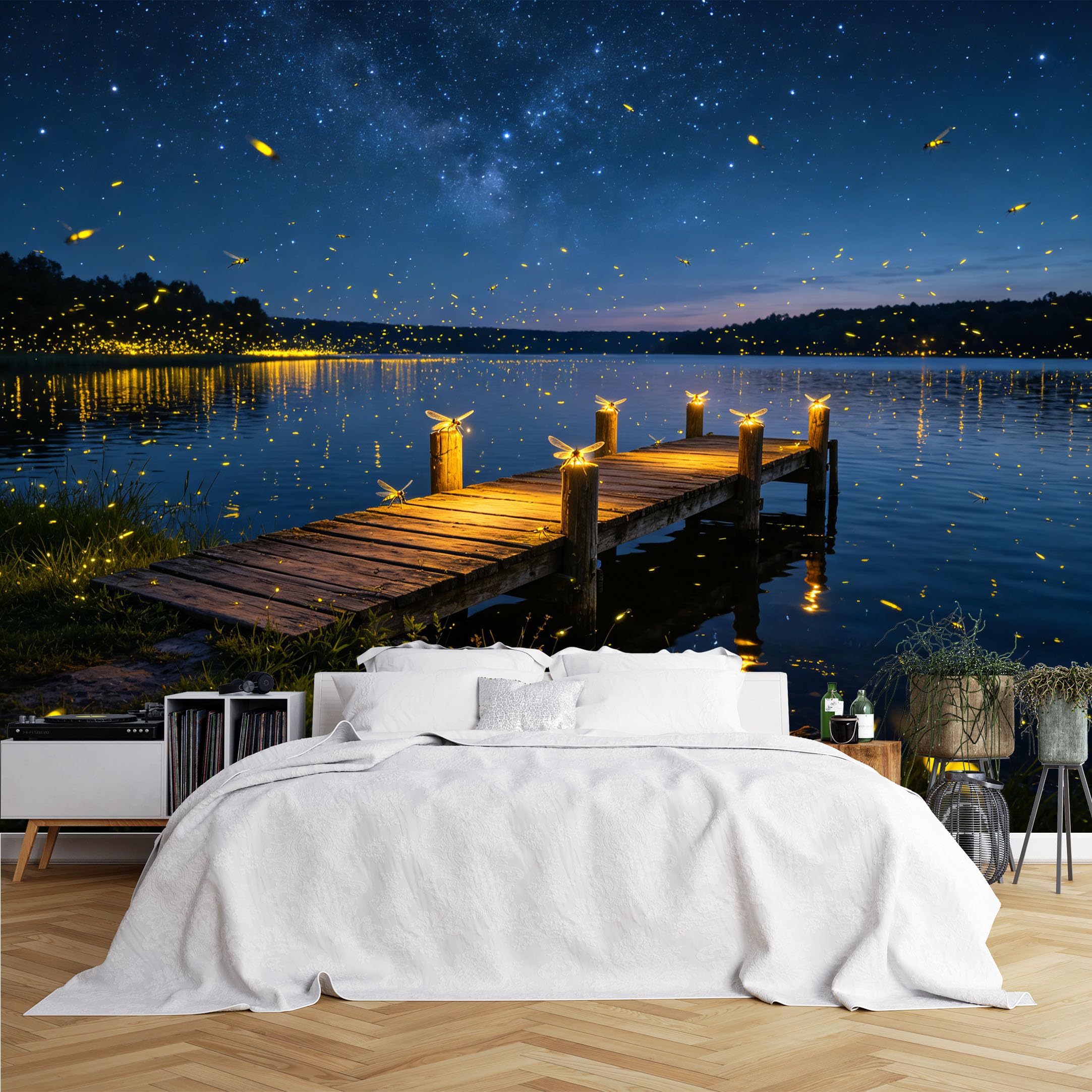 Lcythiazole Ch260615092 Custom Size Wall Murals Night Lake Dock Glowing Firefly Scenery Wall Murals Realistic Nature Wallpaper Wall Stickers Self-Adhesive Removable Wallpaper For Living Room