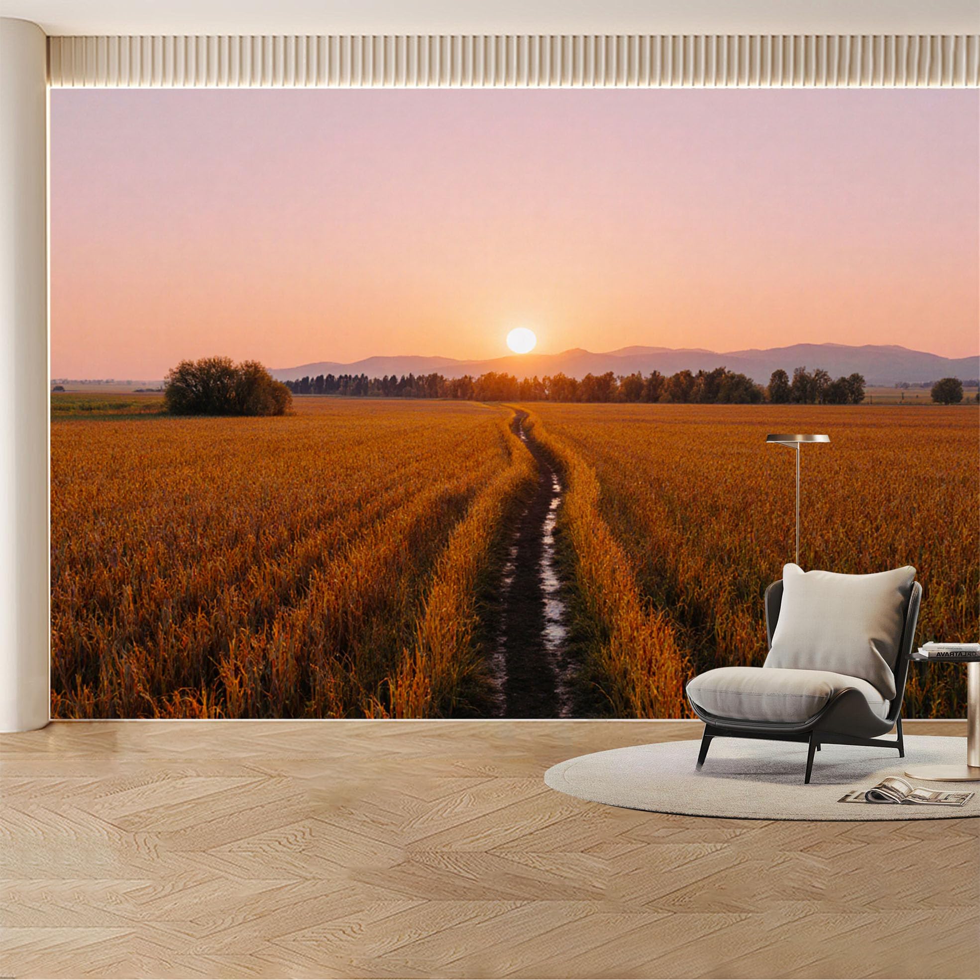 Custom Wall Mural Wallpaper Wheat Field Landscape， Nature， 3D Effect， Wall Decor， Sunset， Misty Removable SelfAdhesive Large Photo for Living Room， Bedroom， Office