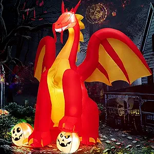 GOFLAME 9 FT Halloween Inflatable Fire Dragon with Wings, Giant Halloween Inflatable Decoration with 2 Pumpkins, Built-in LED Lights & Powerful Blower, Blow up Yard Decor for Garden, Yard, Lawn
