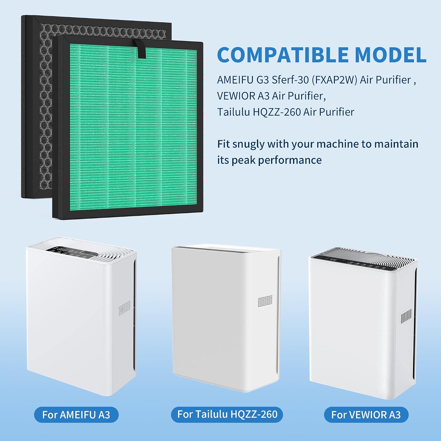 2 Packs G3 Replacement Filter Compatible with Ameifu G3 Vewior A3 Tailulu HQZZ-260 Air Purifi-er, 3-in-1 filter of Premium filter and Activated Carbon Filter,Green image 2