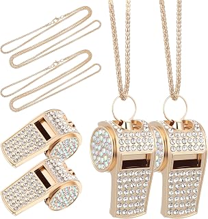 2 Pcs Bling Rhinestone Whistle Necklace Gold Metal Crystal Whistle with Glod Chain Lanyard Clear and Loud Sound Whistles for Coach, Referee, Teacher, Sports Trainer Gift