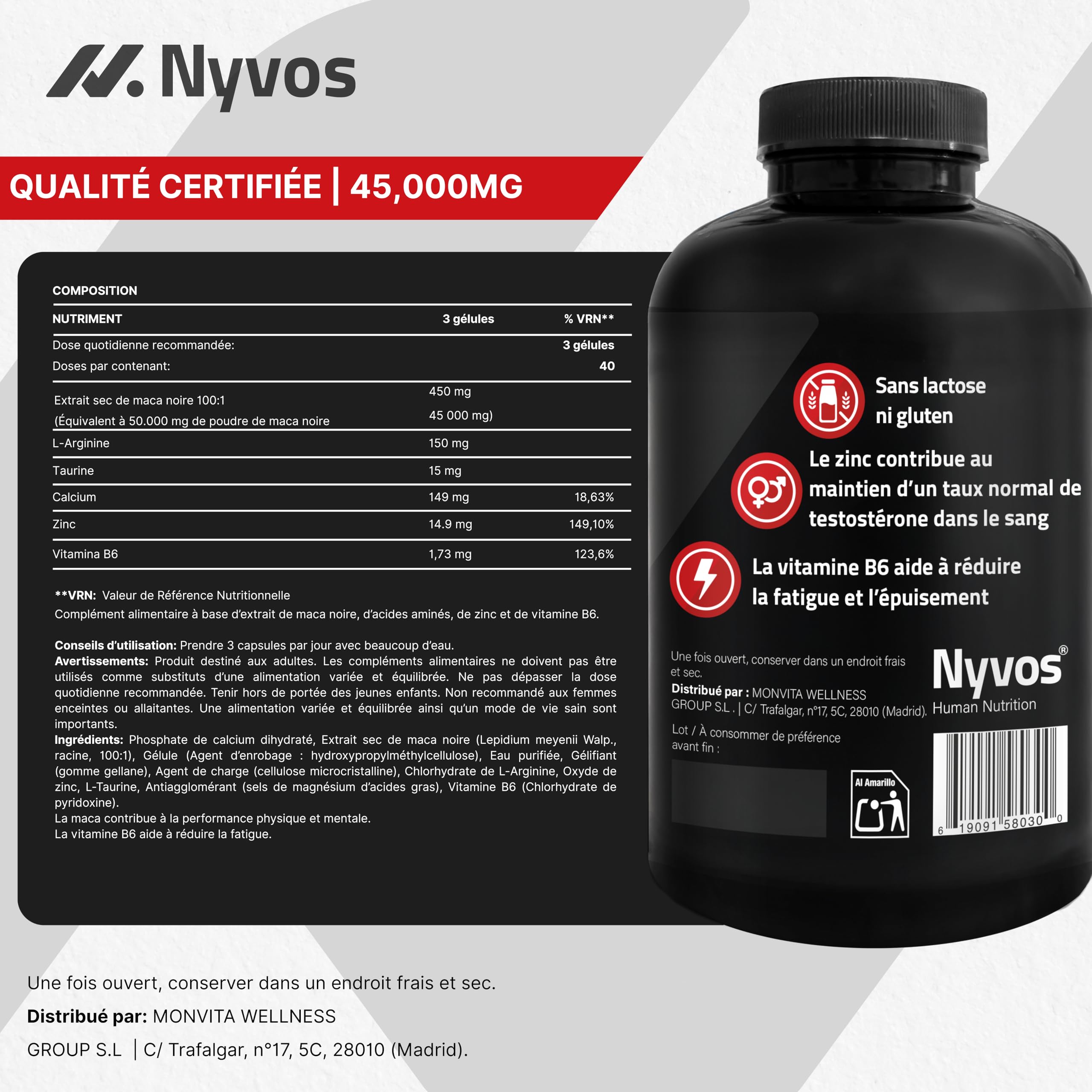 Maca noire 45 000 mg – 180 gélules végétaliennes – Énergie, vitalité et testostérone – Avec L-arginine, taurine, zinc, calcium et vitamine B6 – Qualité et sécurité des produits européens de l'UE