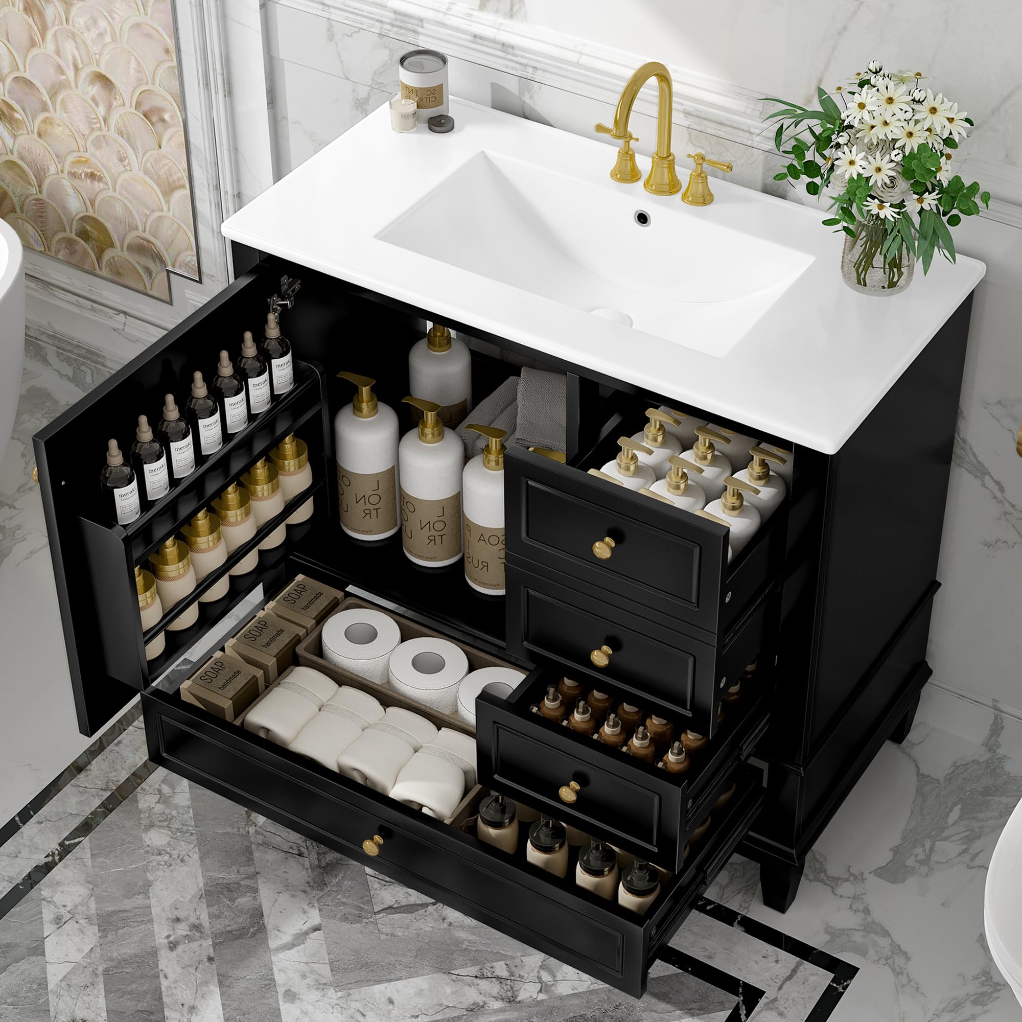 36" Bathroom Vanity with Sink, Harper & Bright Designs Free Standing Single Vanity Set with 3 Drawers and One Door with Storage Racks, Solid Wood