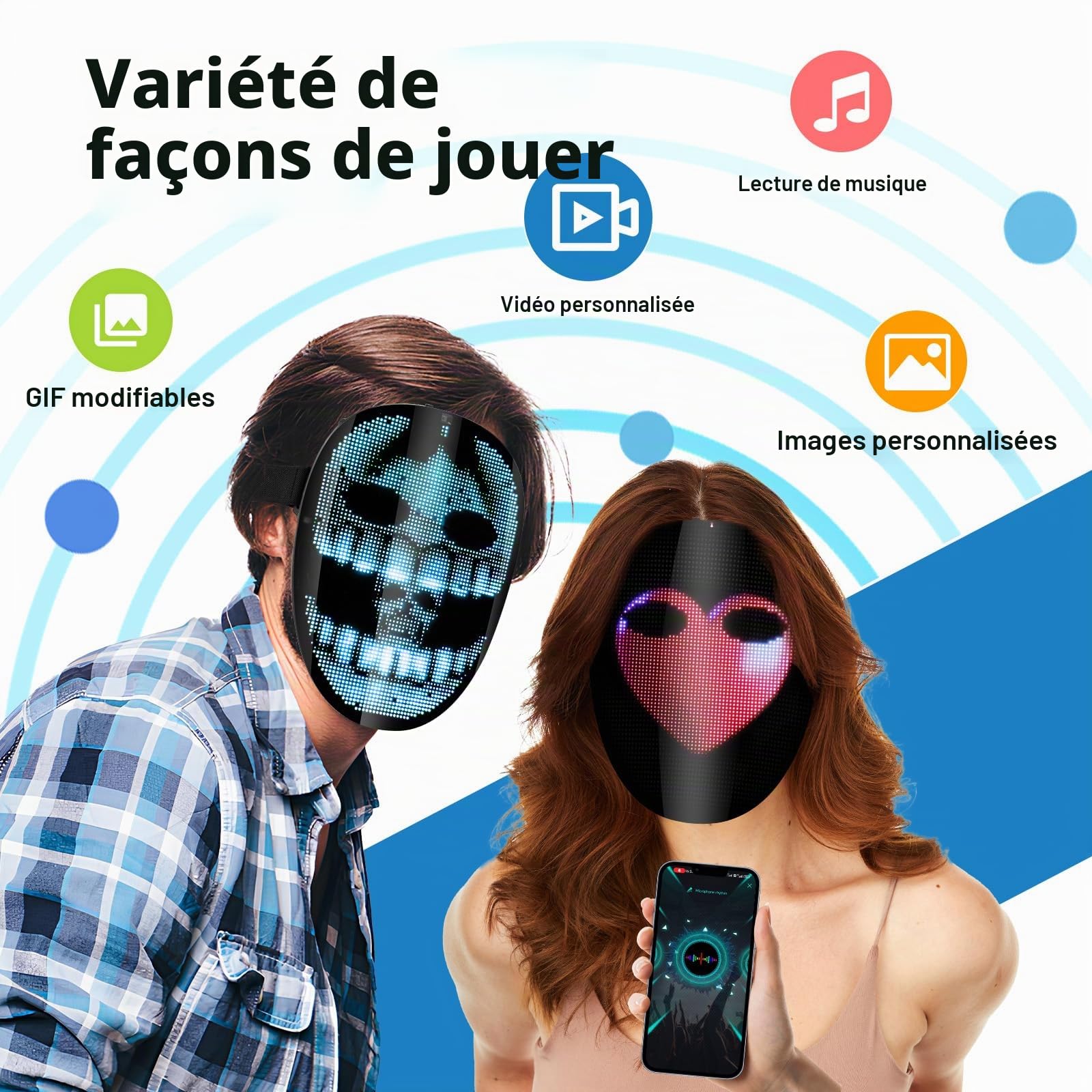 Masque LED Lumineux, Masque LED Rechargeable Avec Modes De Transformation Du Visage Par Détection De Gestes, Avec Différentes Images, Adapté Pour Le Costume Masques Cosplay Halloween