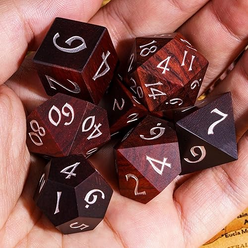 Miniatura 3 de Dados DND de madera, juego de 7 dados poliédricos con caja de hierro, dados RPG D&D hechos con madera para juegos de rol MTG Dungeons and Dragons