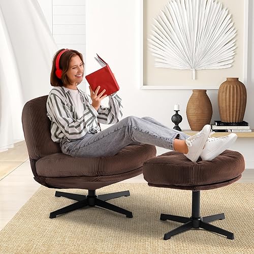 Miniatura 2 de HollyHOME Moderna silla giratoria de 360 con otomana, cómoda silla de lectura tapizada y reposapiés, silla perezosa de tela con cojín suave, sofá