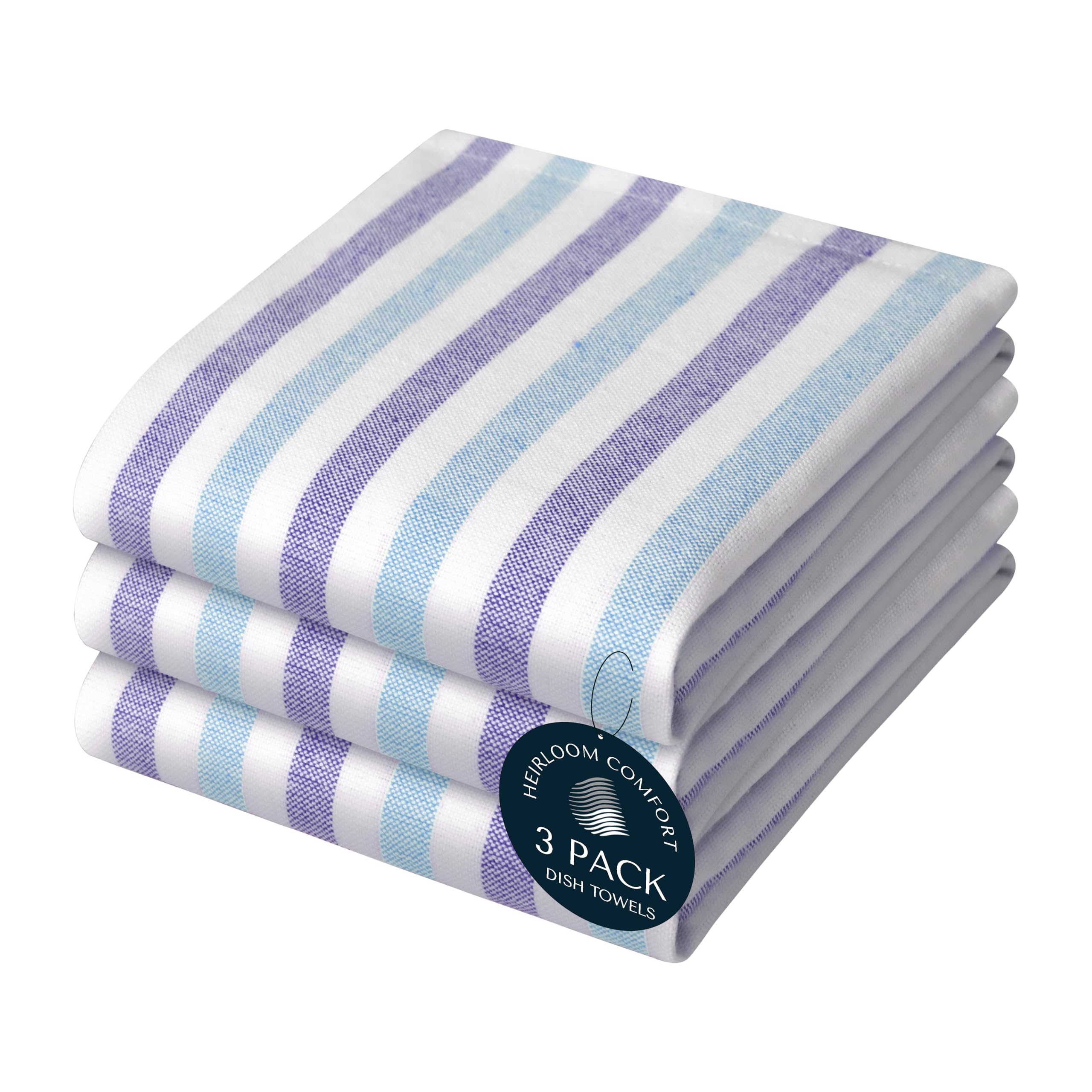 HEIRLOOM COMFORT 3 Pack Fiesta Stripe Kitchen Towels, 45x66 cm, 100% Cotton, Lint-Free, Absorbent & Washable Dish Towels for Drying Dishes, Everyday Kitchen Use, Multicolor Blue Stripes