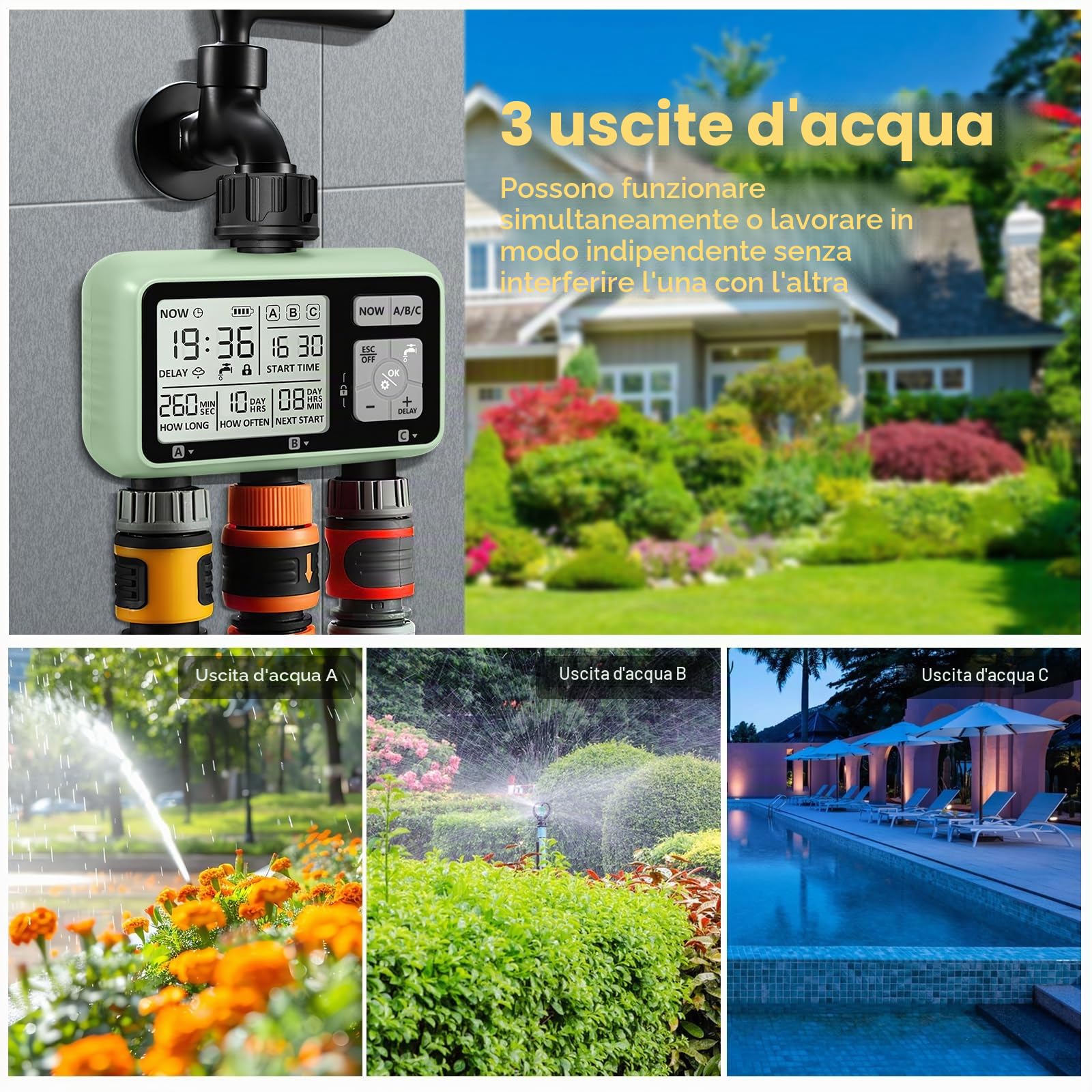 Temporizzatore di Irrigazione Automatico,Timer per l'irrigazione del Giardino con Display LCD,Temporizzatore di Irrigazione Manuale/Modalità Blocco Bambini/Ritardo Pioggia/Impermeabilità IPX5