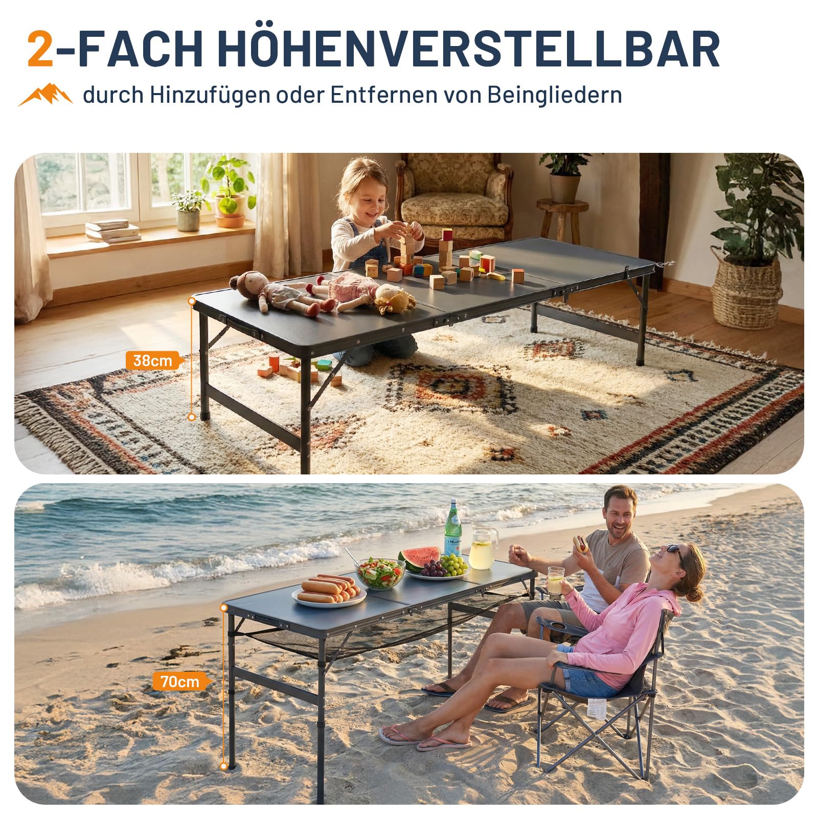 Portal Faltbarer Campingtisch 150x60cm Höhenverstellbar Robuster Klapptisch mit Tragegriff & Ablagenetz Platzsparender 3-Fach Falttisch inkl. Tasche Ideal für Garten, Party, BBQ & Outdoor