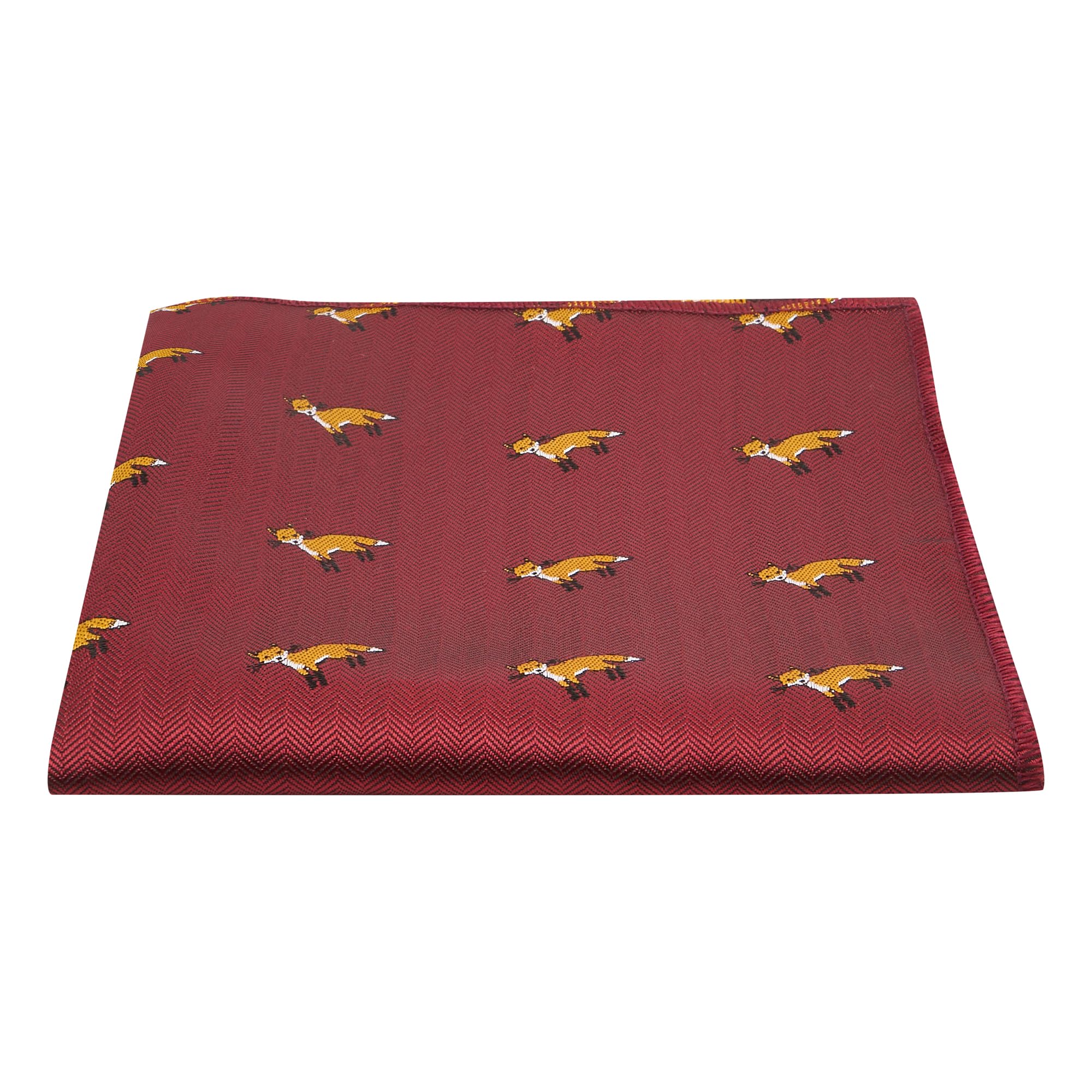 King & Priory Burgundy Red Herringbone Embroidered Fox Pocket Square, Handkerchief