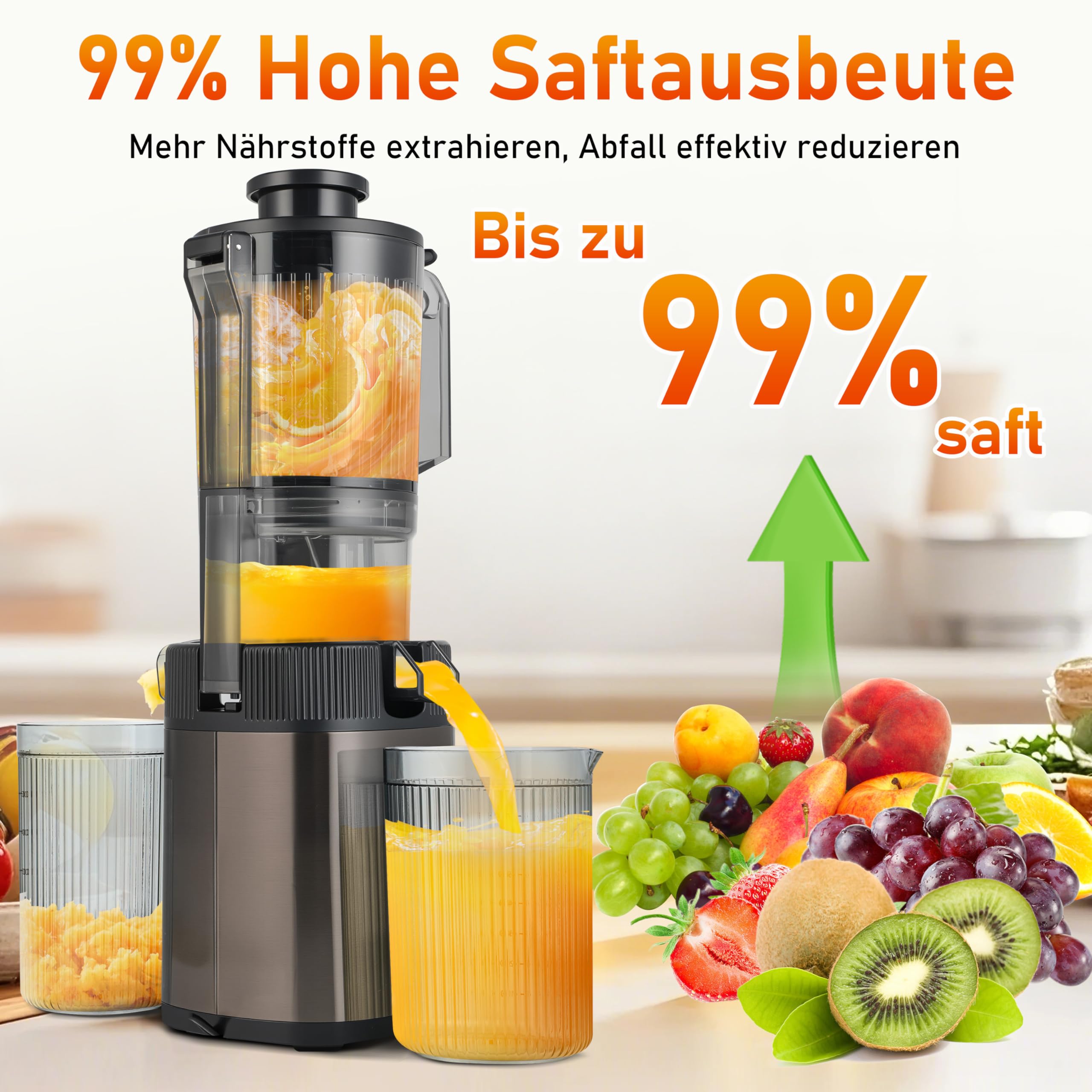 Kaltpresse, Entsafter, Entsafter mit 11,9 cm breitem Zuführungsschlauch, 99% hohe Leistung