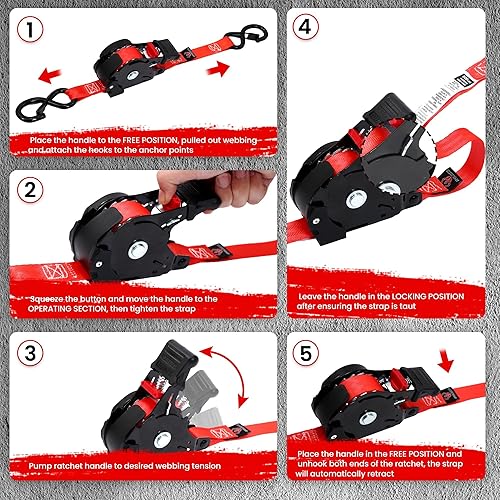 Miniatura 6 de Paquete de 4 correas de trinquete retráctiles, correas de trinquete automáticas de 1 pulgada x 12 pies para motocicleta, kayak y camiones,