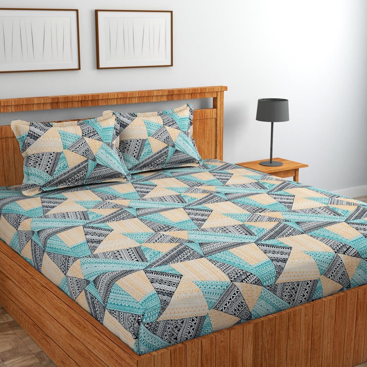 Jashan 300 TC Glace Cotton Queen Size Bedsheet for Double Bed,Queen Size 90 Inches X 100 Inches, 228 X 254 cm with 2 Pillow Size 17 x 27 Inches - Multi Triangle