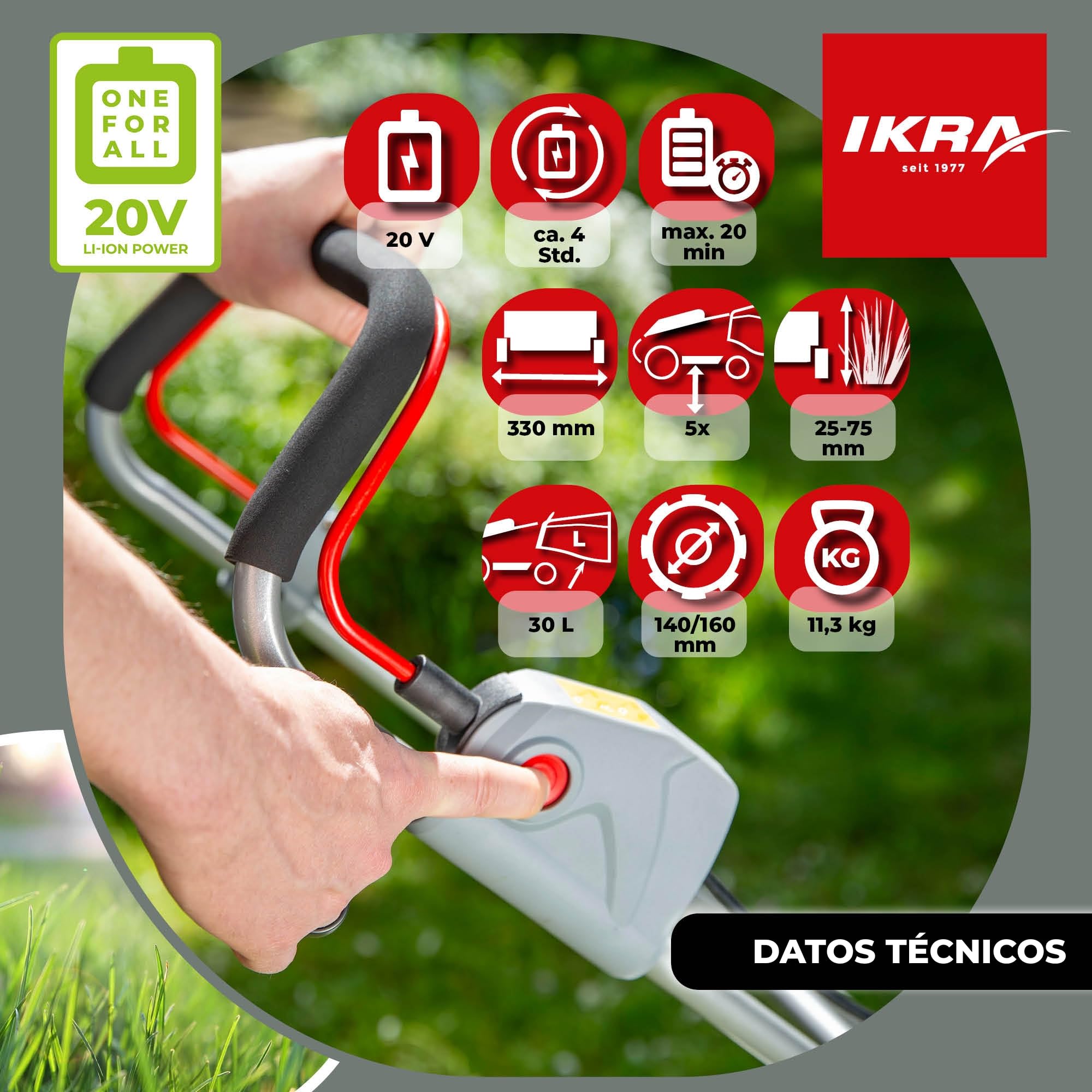IKRA cortacésped ICM 2033, Ancho 33 cm, Incl. 2 baterías de 20 V y Cargador | Altura de corte de 25-75 mm, cortacésped mulching para céspedes de hasta 150 m², bolsa 30 l, gama de baterías de 20V de IKRA