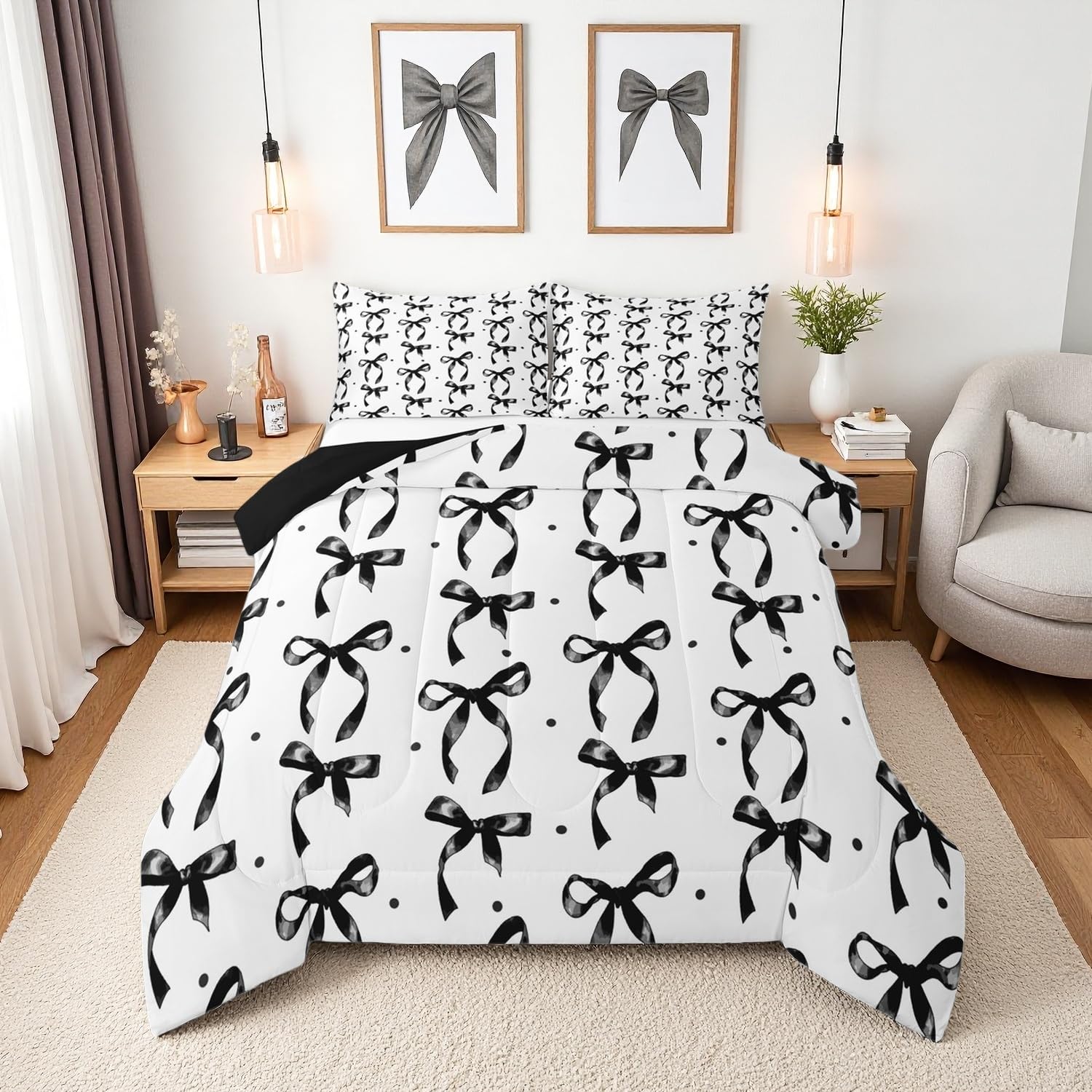 Erosebridal Cute Black Bow Twin Bedding Set for Girls,Ribbon Bow Knot Comforter Set for Kids Kawaii Room Decor,Princess Bowknot Bed Set Girly Black Bows Bedding Comforter Sets,1 Pillowcase