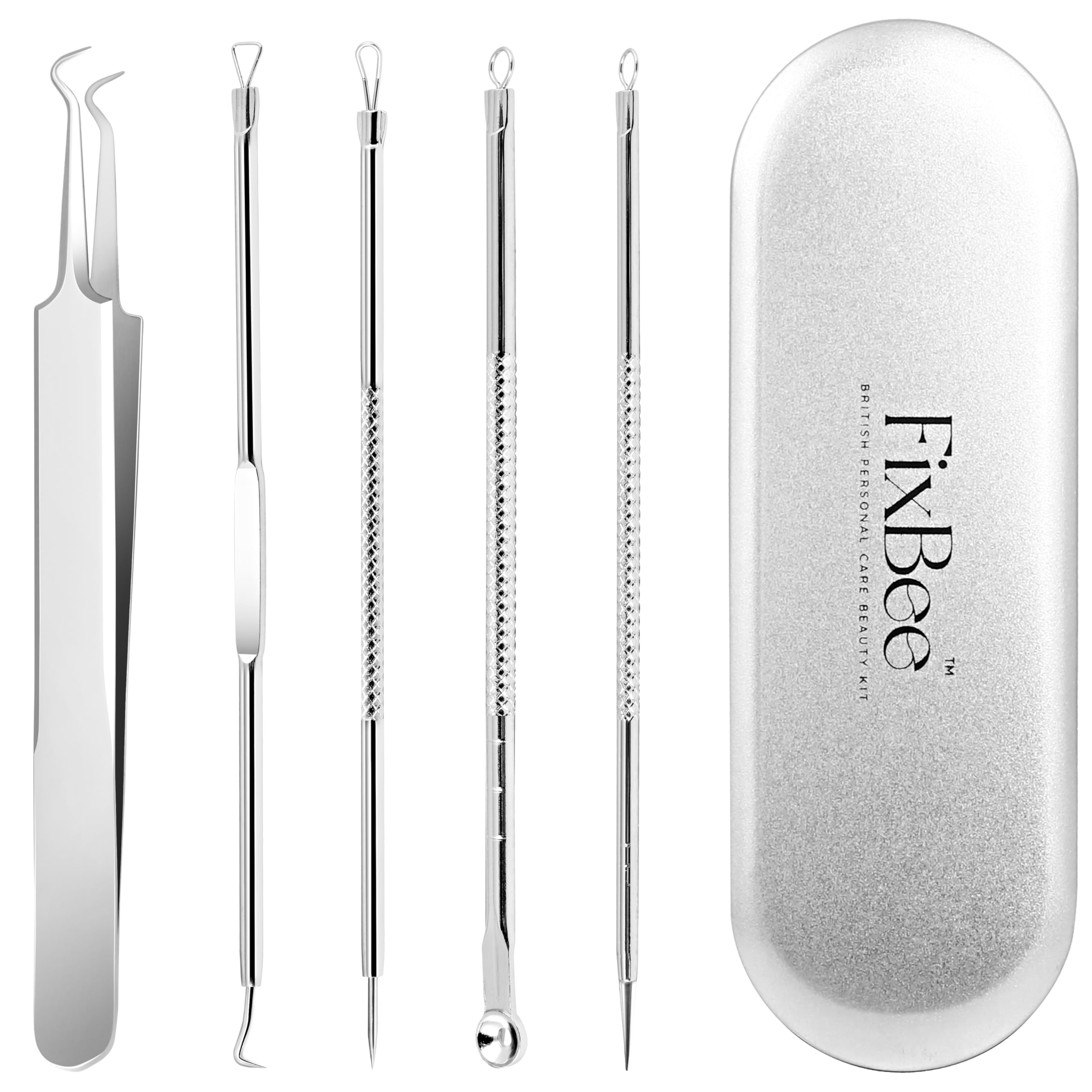 Mitesserentferner-Set 5-teilig – Gebogene Pinzetten & Werkzeuge Aus Edelstahl, Für Pickel & Blackheads