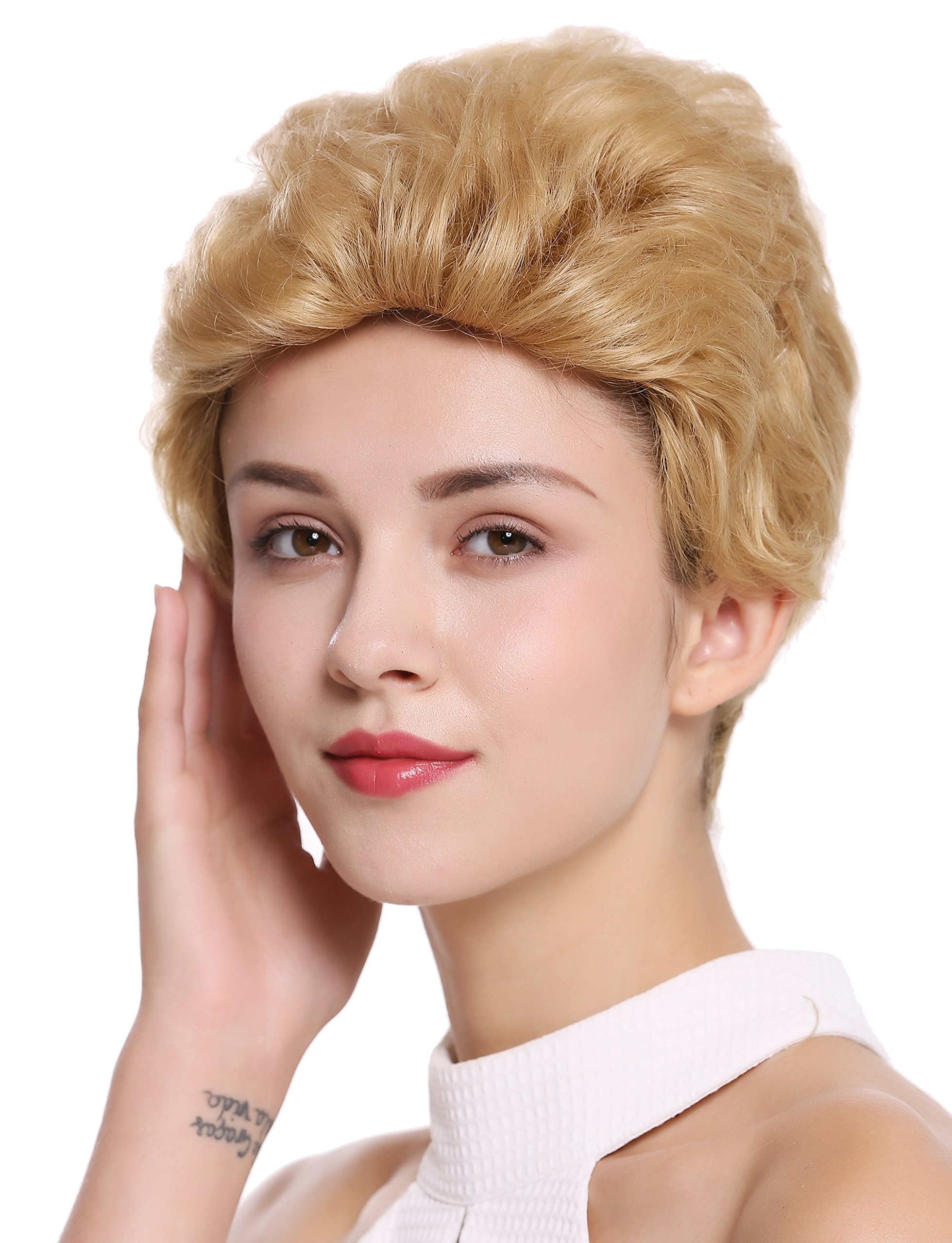 WIG ME UP - B-HH-12-24B Parrucca Donna Uomo Capelli veri Corta Ondulata Alla moda Ciuffo Biondo