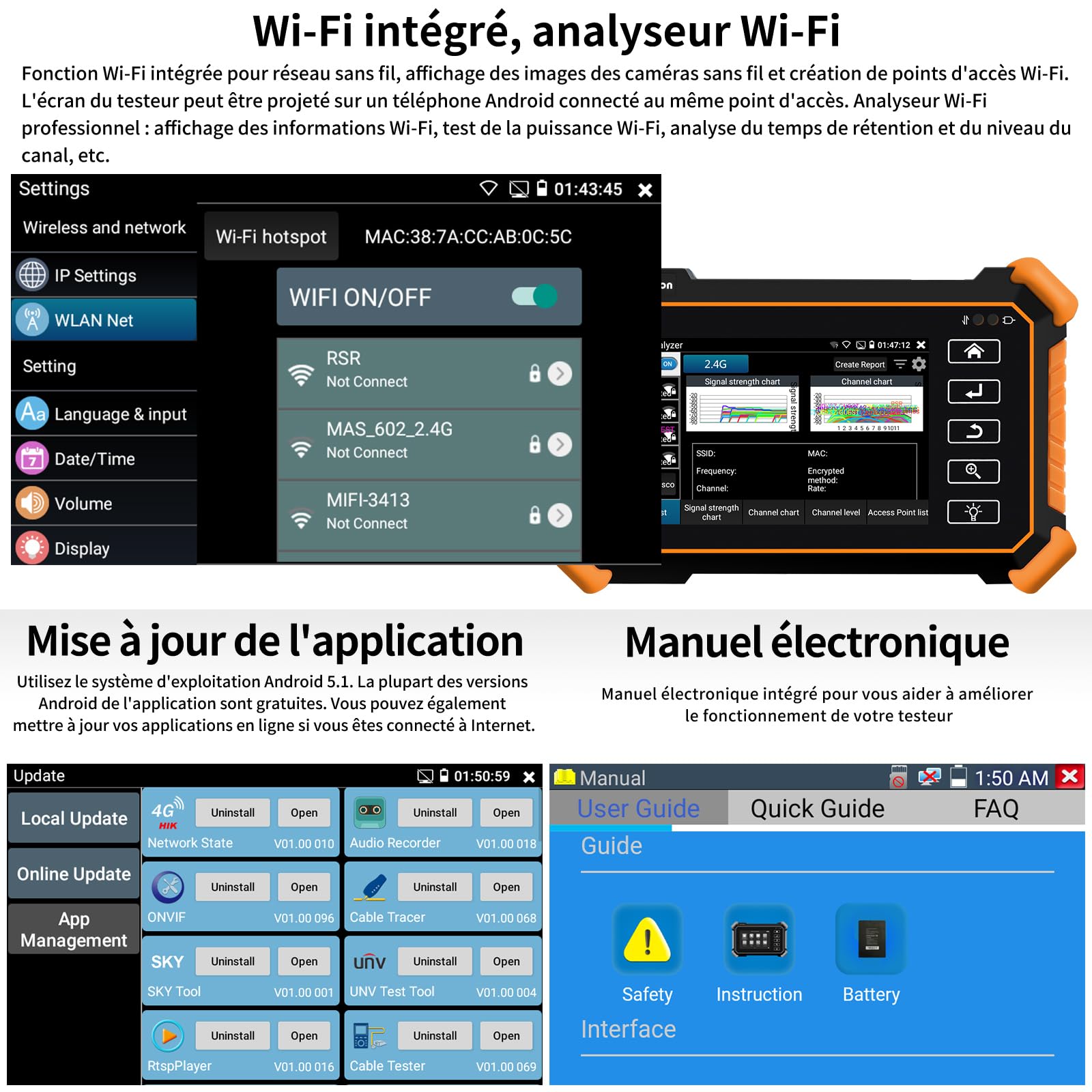 Henkion Testeur de Vidéosurveillance CCTV IP IPC-1900C Plus 4K 8MP 8K 32MP Test de Caméra IP Moniteur Écran Tactile 4 Pouces Tester CCTV Support POE WiFi Sortie DC12V/3A avec Traceur de Câble