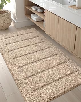 Color&Geometry Beige Bathroom Rugs 60x24, Ultra Soft Absorbent Microfiber Bath Rugs, Washable Plush Striped Bathroom mat, Non-Slip Bath Mats for Bathroom, Bathtub, Shower, Laundry, Tan