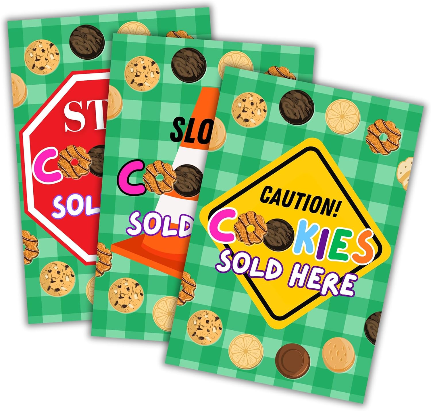 Stop Scout Cookies Sold Here | 3 Pack, 12x18” Mixed Colors Outdoor Yard Sign Hold Up at Booth Traffic To Buy Cookies Troop Leader and Number Reorder Sales Goal