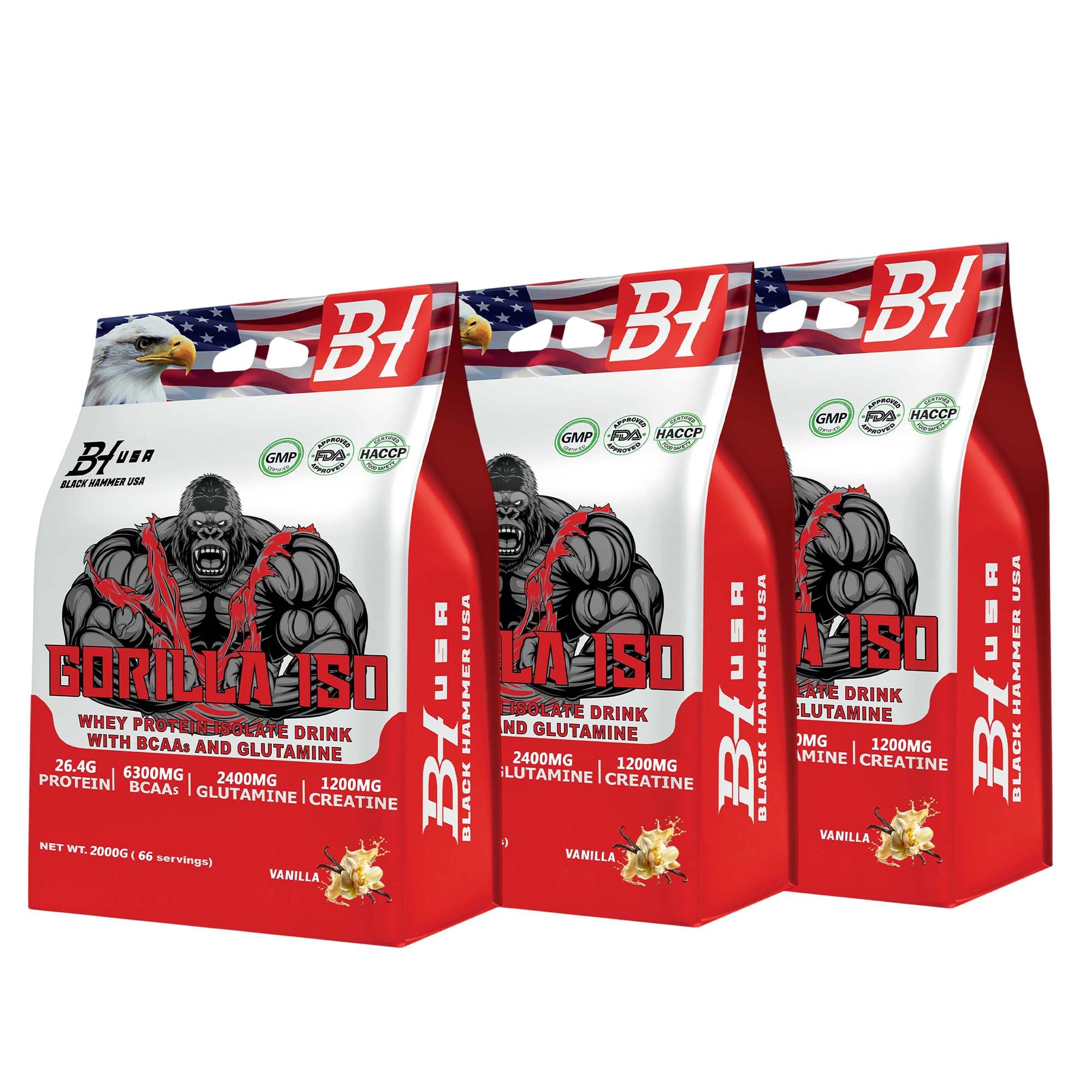 3 x Gorilla ISO Whey Protein Isolate 2KG Bundle (6KG Total) | 88% Protein | Added Creatine, Glutamine & BCAAs | Low Sugar - Black Hammer USA (Vanille)