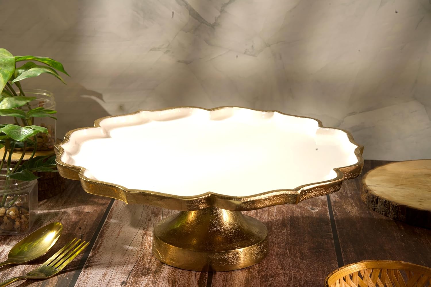 Cruiser’s Caché 11.5" Sculpted Metal Cake Stand, White Enamel and Rustic Gold Finish, Handcrafted