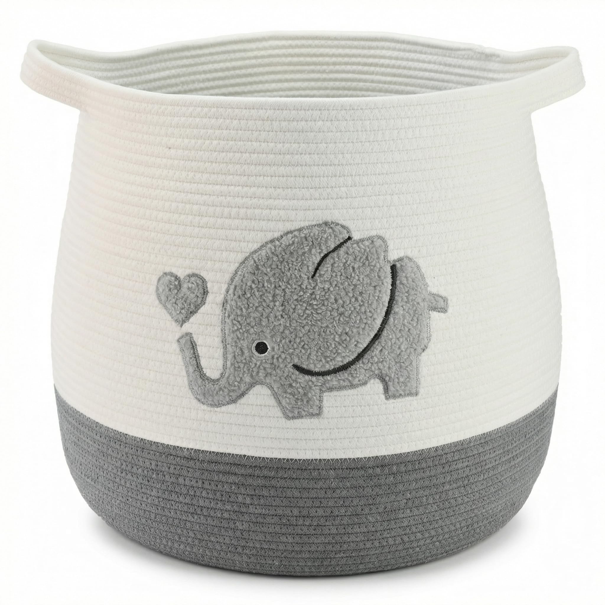 Lauatiiu Großer Korb aus Baumwollseil, gewebter Aufbewahrungskorb für Spielzeug, Wäsche- und Decken-Organizer, runder Geschenkkorb mit Griffen für Kinderzimmer D45 x H43 CM (Grau Kleiner Elefant, big)