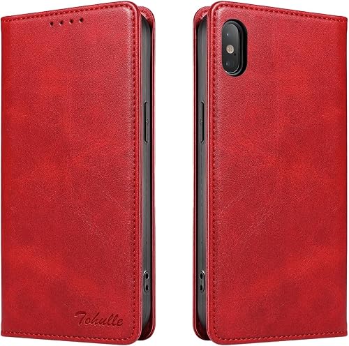 Premium Leather Flip Cover with Card Slot compatible with iPhone X/XS, Red