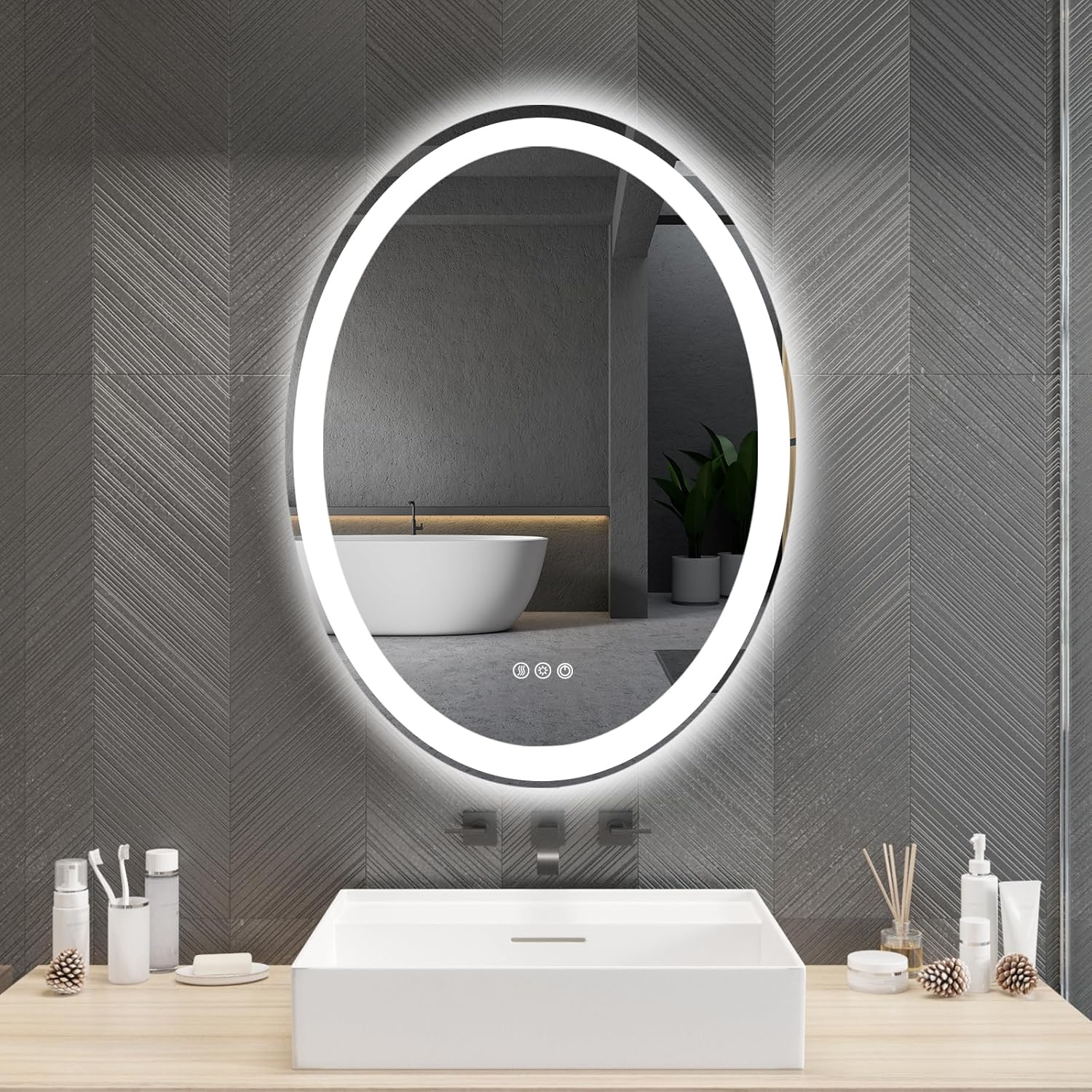 LED Bathroom Mirror 28X20 Inches Oval Vanity Bathroom Mirror for Wall-Mounted with Lights Anti-Fog & 3 Colors Stepless Dimmable Frontlit & Backlit