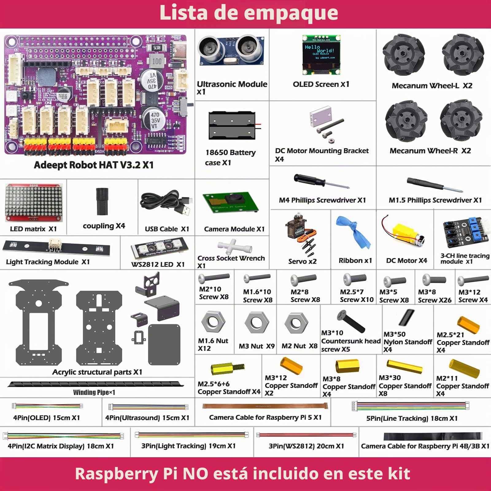Adeept Kit de coche inteligente 4WD Mecanum Wheel para Raspberry Pi 5/4B/3B/3B+(tarjeta no incluida), seguimiento de línea, seguimiento de luz, prevención de obstáculos, servomotor, pantalla OLED