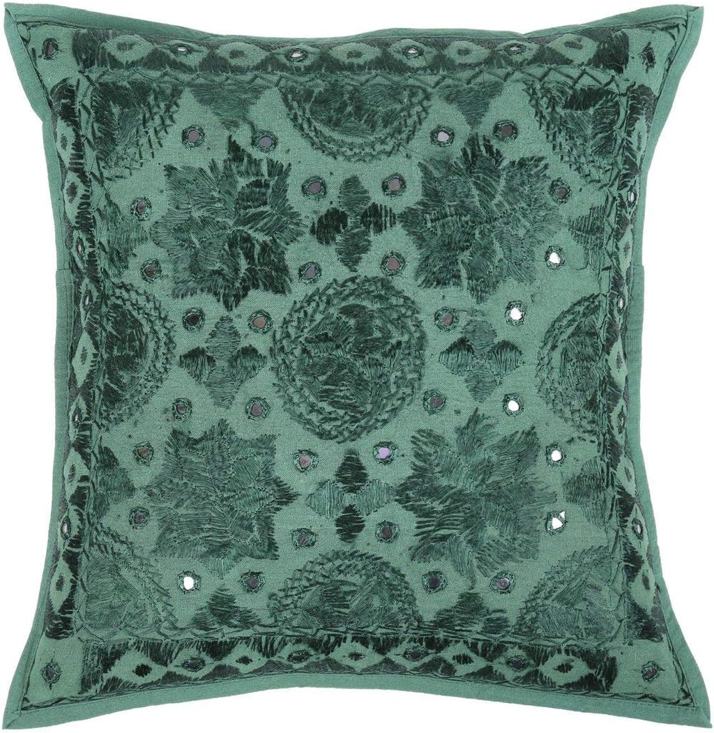 Boho Decorative Toss Throw Pillow Covers 16 Inch Cotton Mirrored Embroidered Ethnic Square Accent Cushion Covers (Size - 40x40 cm ; Color: Dark Green) - Set of 5 Pcs (Cover Only)