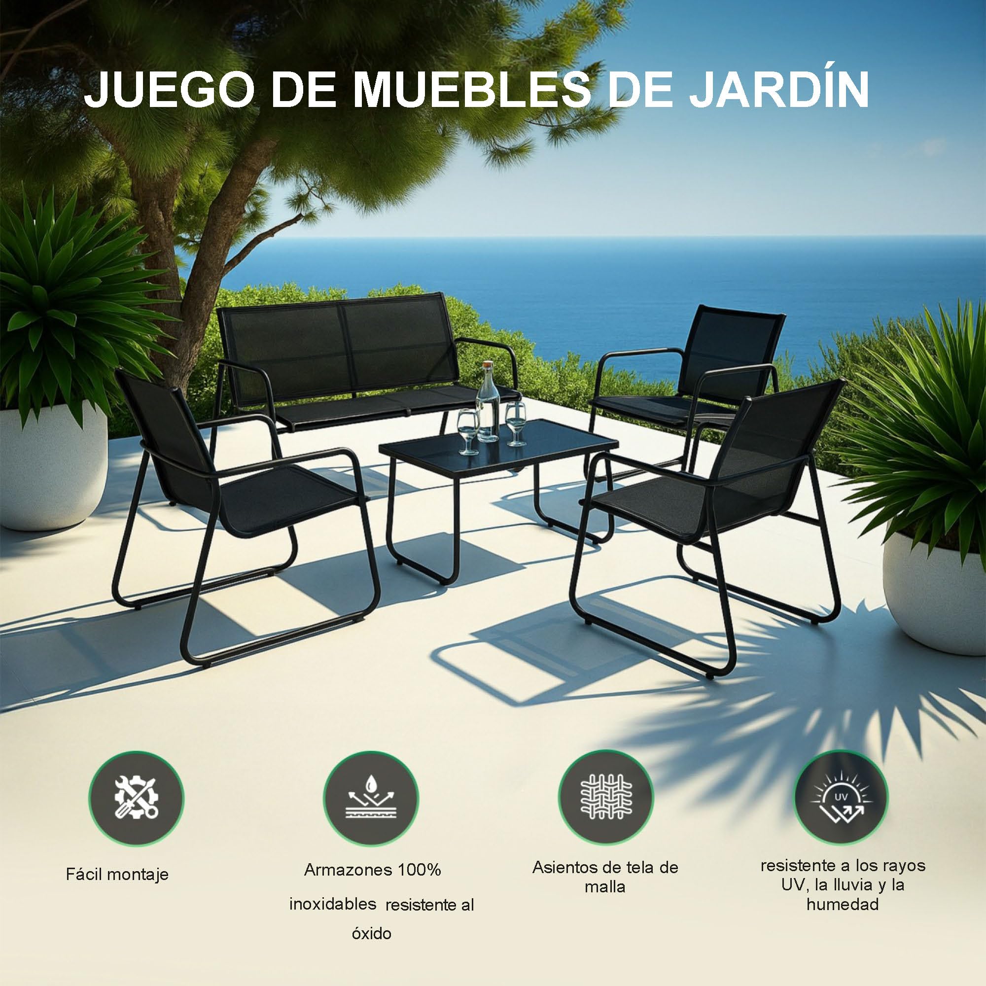 EXTRALINK – Mobiliario Jardin y Terraza Exterior con Sofá de 2 Plazas, Sillas y Mesa, Resistente a la Intemperie, Estructura de Acero y Tela UV, Terraza y Balcón