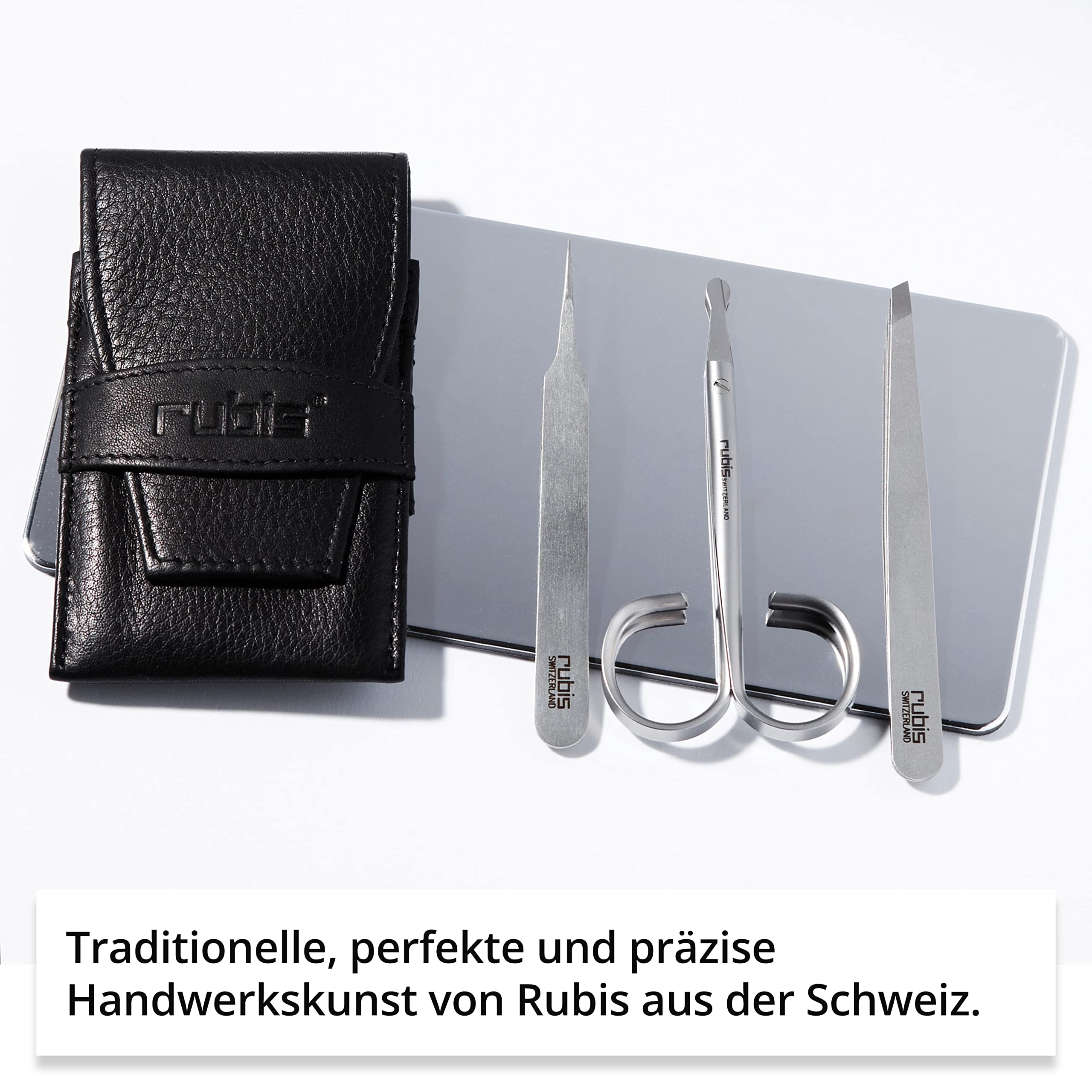 Rubis Männer Grooming Set - Lederetui mit Bartschere/Nasenschere, Spitze Pinzette, Augenbrauenpinzette - Kosmetikset - Hygiene Set für Männer zur Gesichtspflege