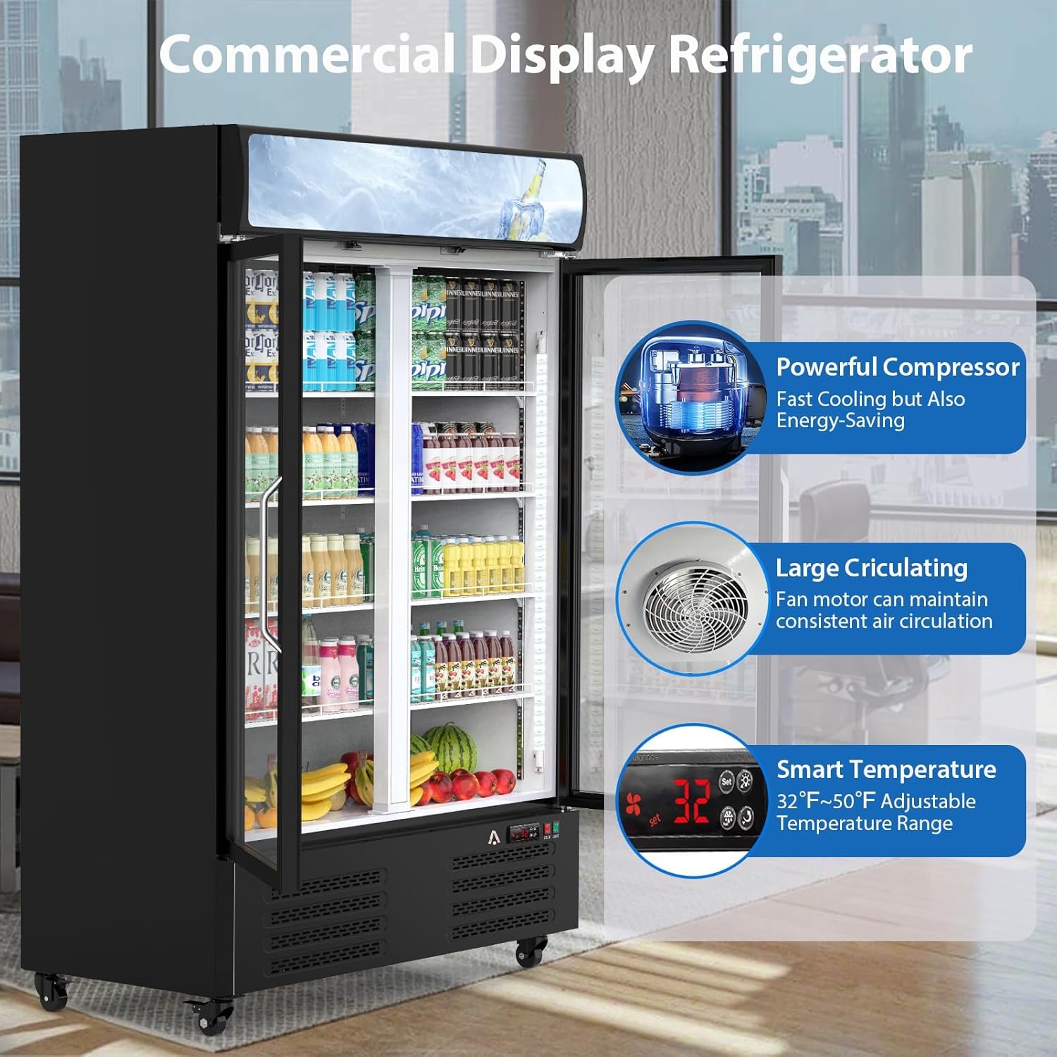 GarveeLife 36.3 Cu.Ft Commercial Glass Door Refrigerator, Tall Beverage Cooler with LED Light, Double Swing Doors, Adjustable Shelves, Stainless Steel for Store, Office, Gym, Home