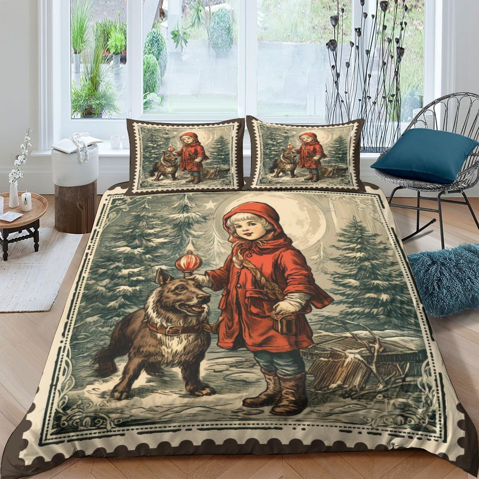 Housse de couette Noël vintage en microfibre 220x240 cm pour lit king size