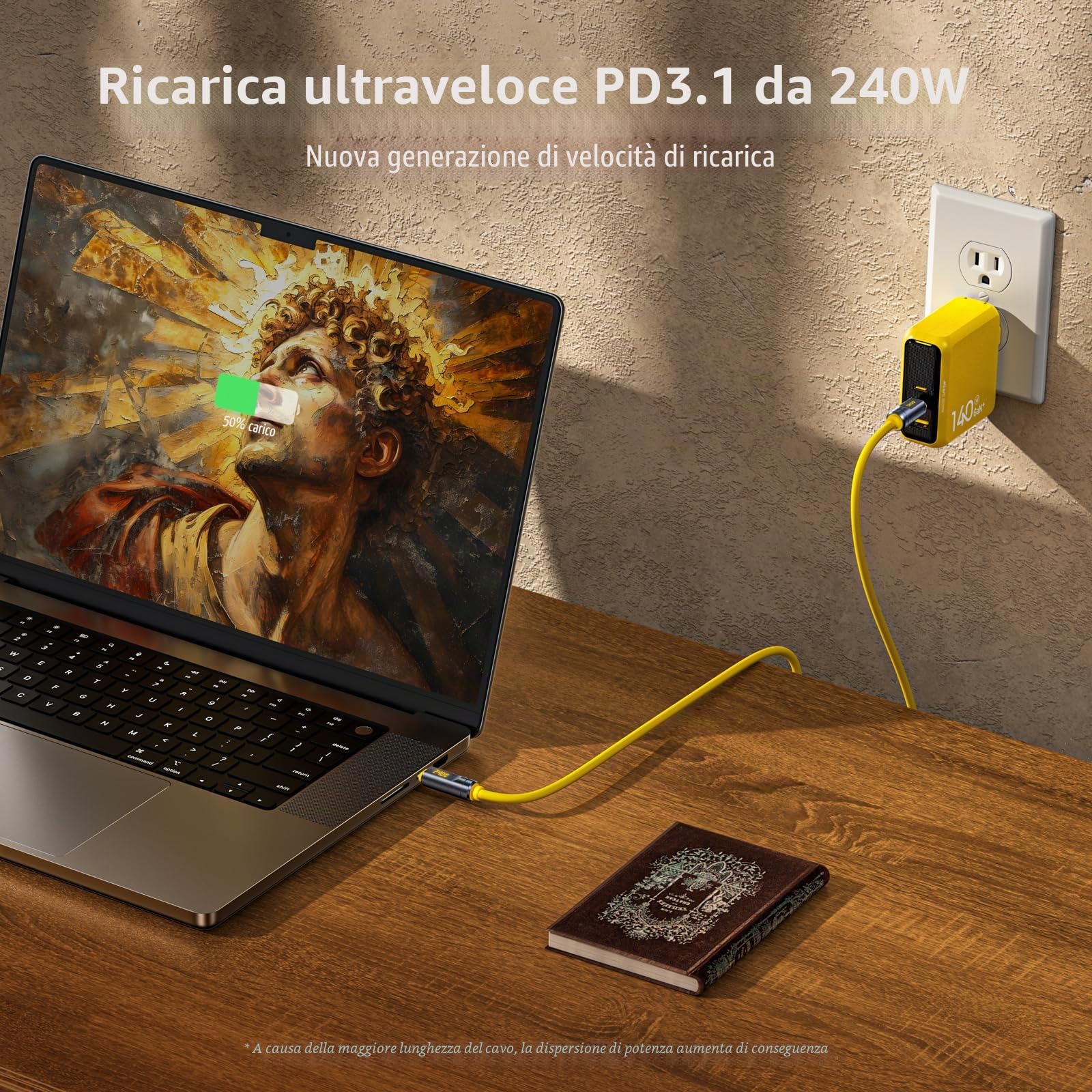 AOHI Cavo Thunderbolt 5 con indicatore LED 2 m, 240 W PD3.1 ricarica rapida, 80 Gbit/s, due display 8K, cavo USB C The Future Adonis per MacBook Pro/iPhone 17 Pro Max/Galaxy/SSD, giallo
