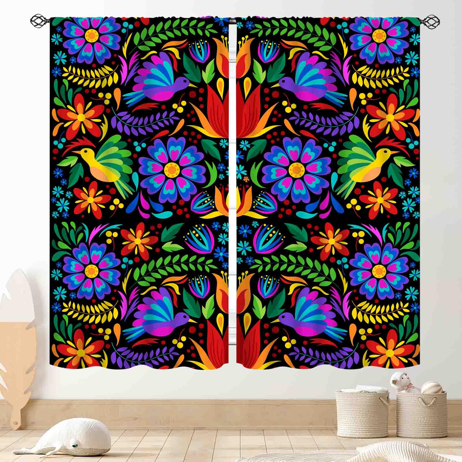 TKUYO Mexican Floral Curtains, Mexcian Fiesta Cinco De Mayo Dia De Los Muertos Colorful Flower Printed Rustic Window Drapery Treatments for Bedroom