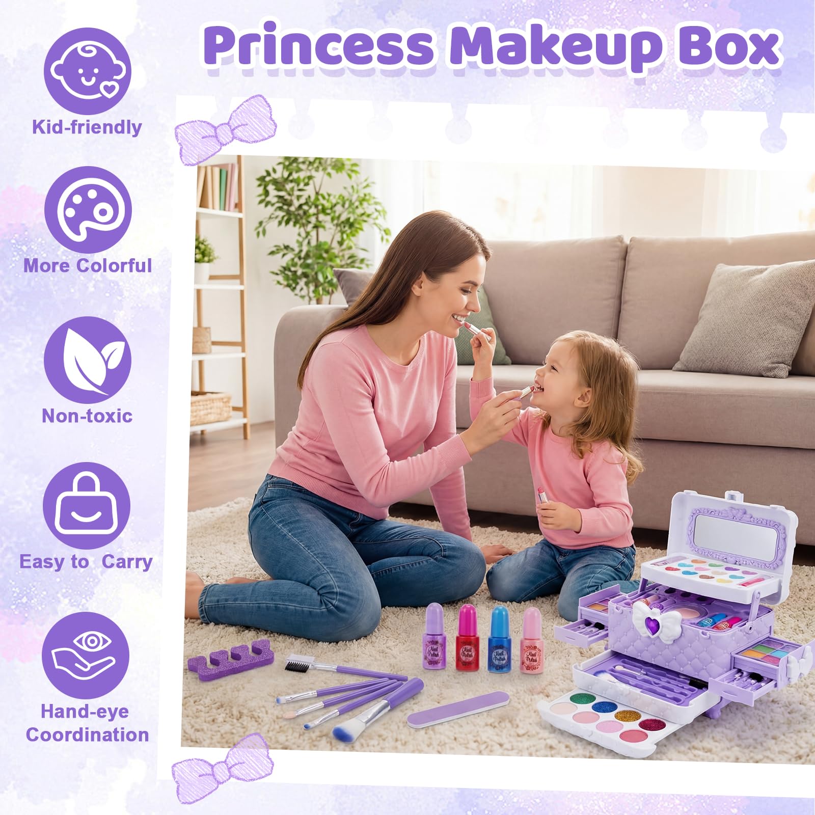Chennyfun 53 Pezzi Lavabile set di Trucchi per Bambini, Set di Trucco per Bambini per Bambine, Sicuro e Atossico Giocattolo di Ruolo per Regali di Compleanno di Natale per Ragazze dai 3 Anni