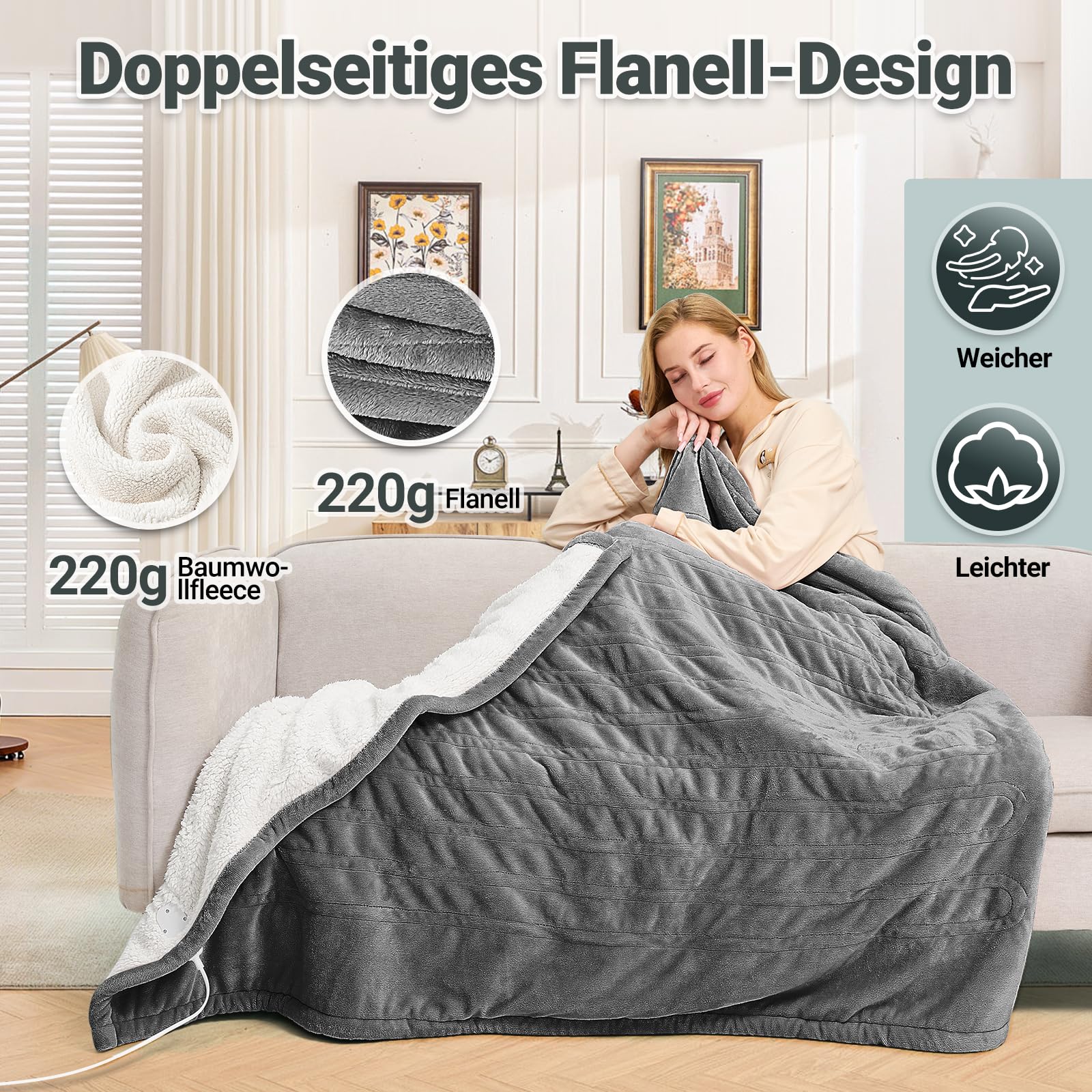 Charmofun Heizdecke 130x180CM Elektrische Wärmedecke 8 Heizstufen 12 Stunden Auto-Off-Timer Maschinenwaschbar Flanell