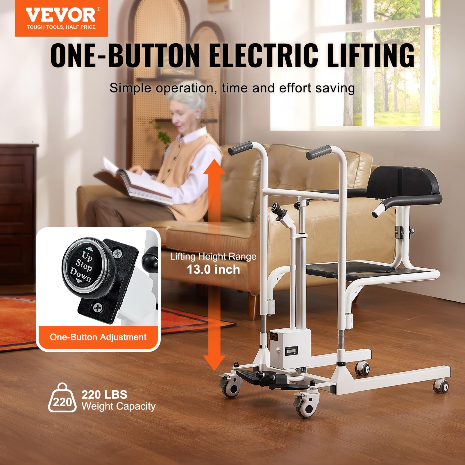 VEVOR Fauteuil Roulant Élévateur Patient, Siège Divisé 180°, Fauteuil Transfert Patients Électrique, Charge 100 kg, Bassin de Lit, Roulettes Pivotantes Verrouillables, pour Personnes Âgées Handicapées