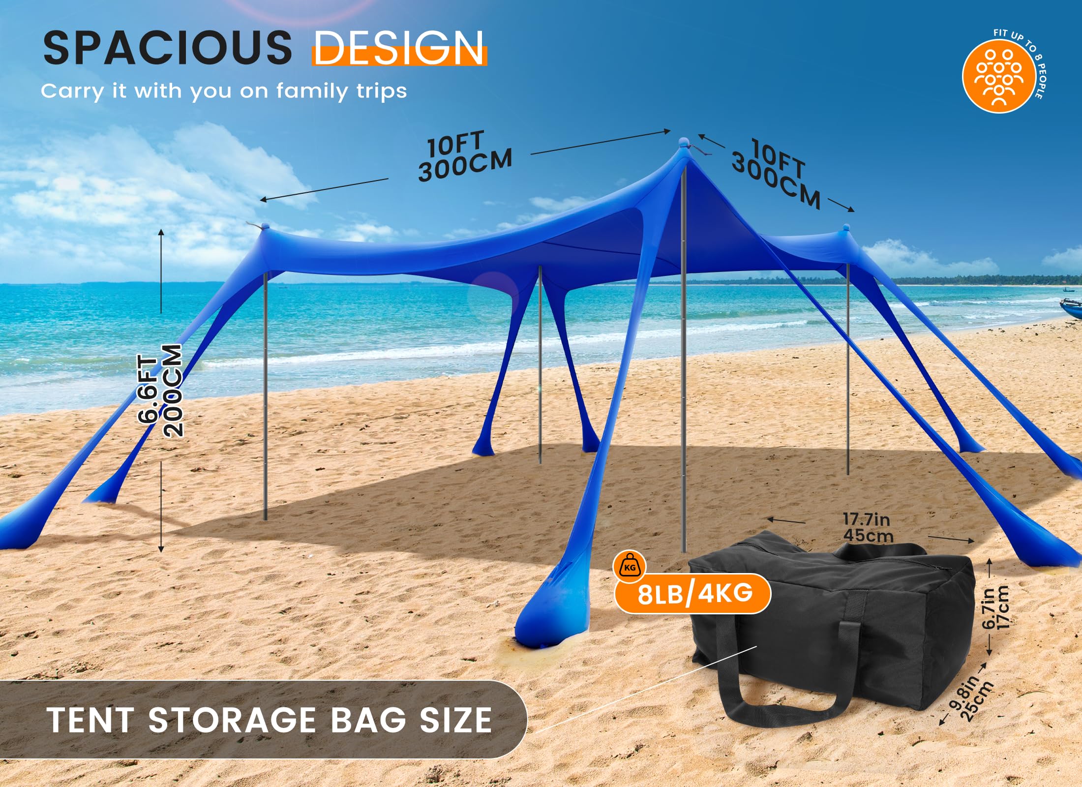 Tenda da Spiaggia Portatile Tents, Grande Tenda Mare Spiaggia UPF50+ Tenda Della Spiaggia di con 4 Pali, Pala, Picchetti e Borsa per il Trasporto per Campeggio, Pesca, 3x 3x 2M